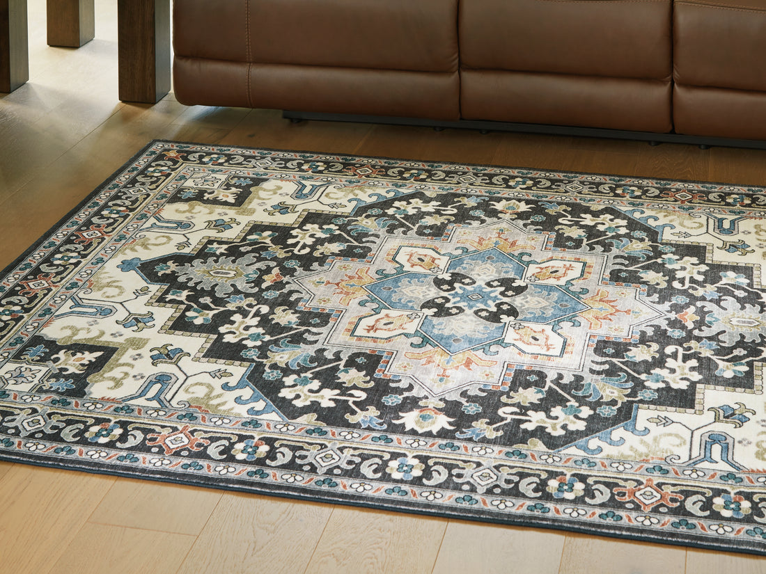 Leningston Black/Cream/Blue Washable Medium Rug - R407062