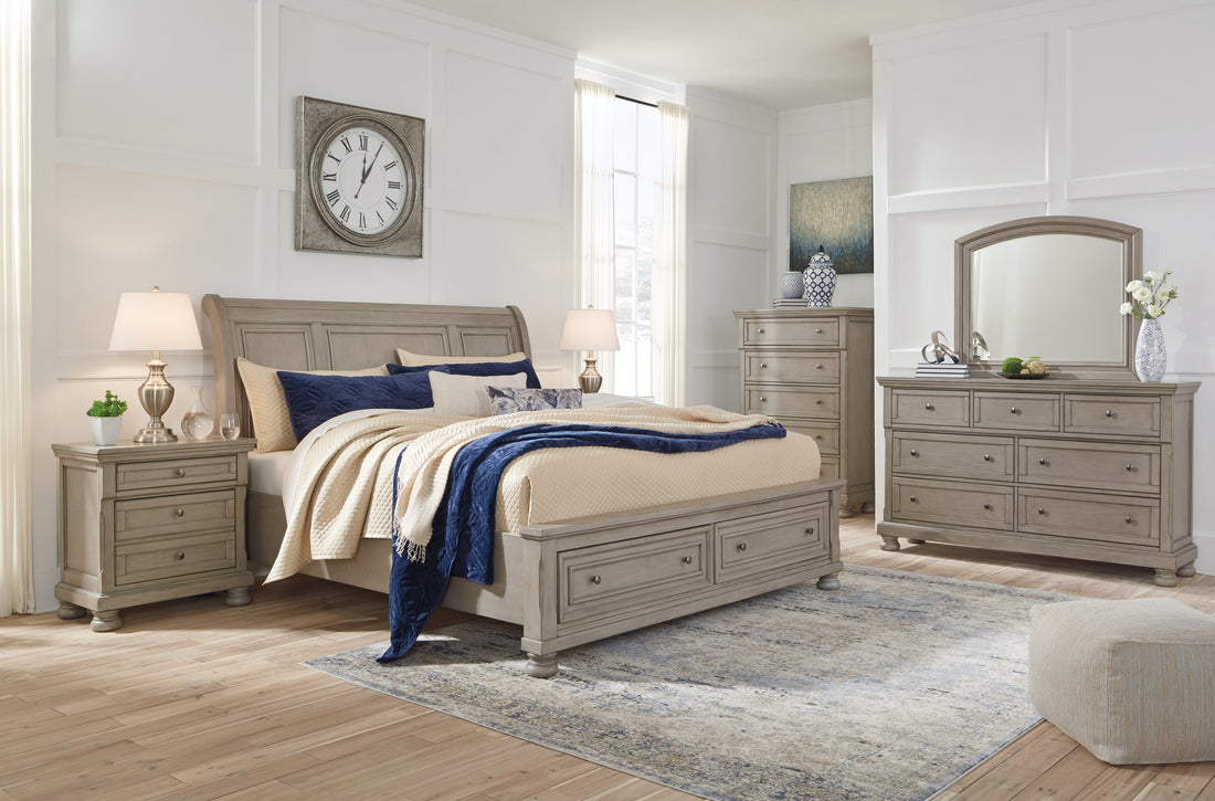 Lettner King Sleigh Bed with 2 Storage Drawers with Mirrored Dresser, Chest and Nightstand in Light Gray from Ashley - Luna Furniture
