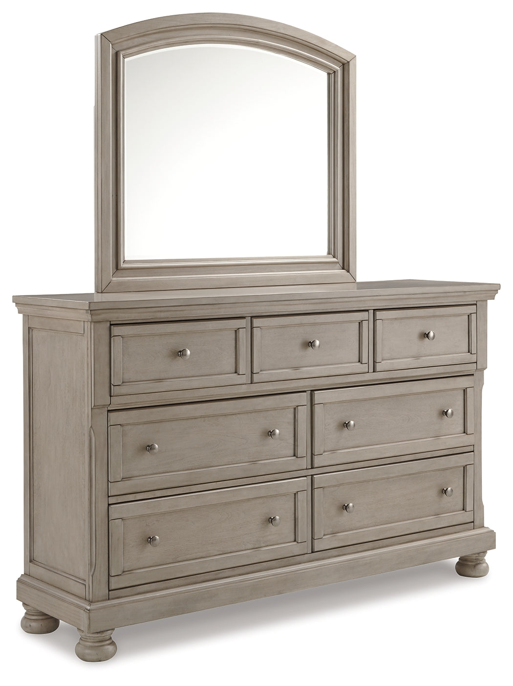 Lettner King Sleigh Bed with 2 Storage Drawers with Mirrored Dresser, Chest and Nightstand in Light Gray from Ashley - Luna Furniture