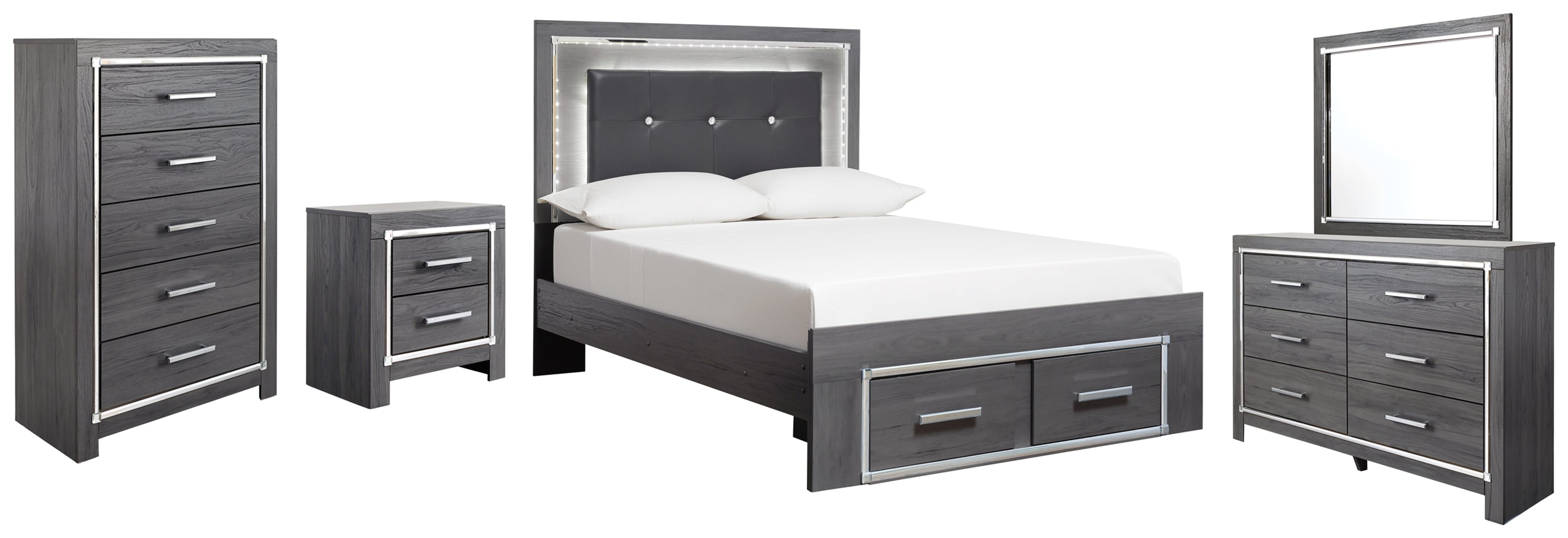 Lodanna Full Panel Bed with 2 Storage Drawers with Mirrored Dresser, Chest and Nightstand in Gray - PKG003616
