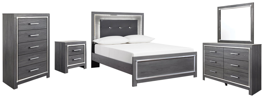 Lodanna Full Panel Bed with Mirrored Dresser, Chest and Nightstand in Gray - PKG003610