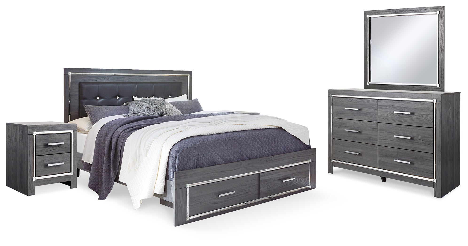 Lodanna Gray King Storage Bed, Dresser, Mirror and 2 Nightstands - B214B35