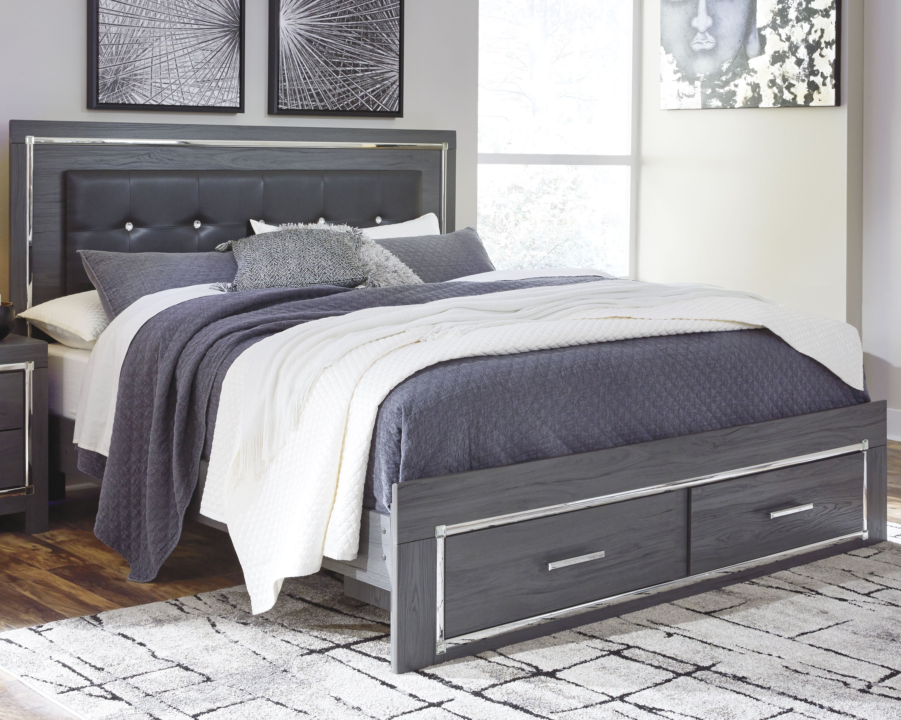 Lodanna Gray King Upholstered Storage Bed, Dresser, Mirror, Chest and 2 Nightstands - B214B29