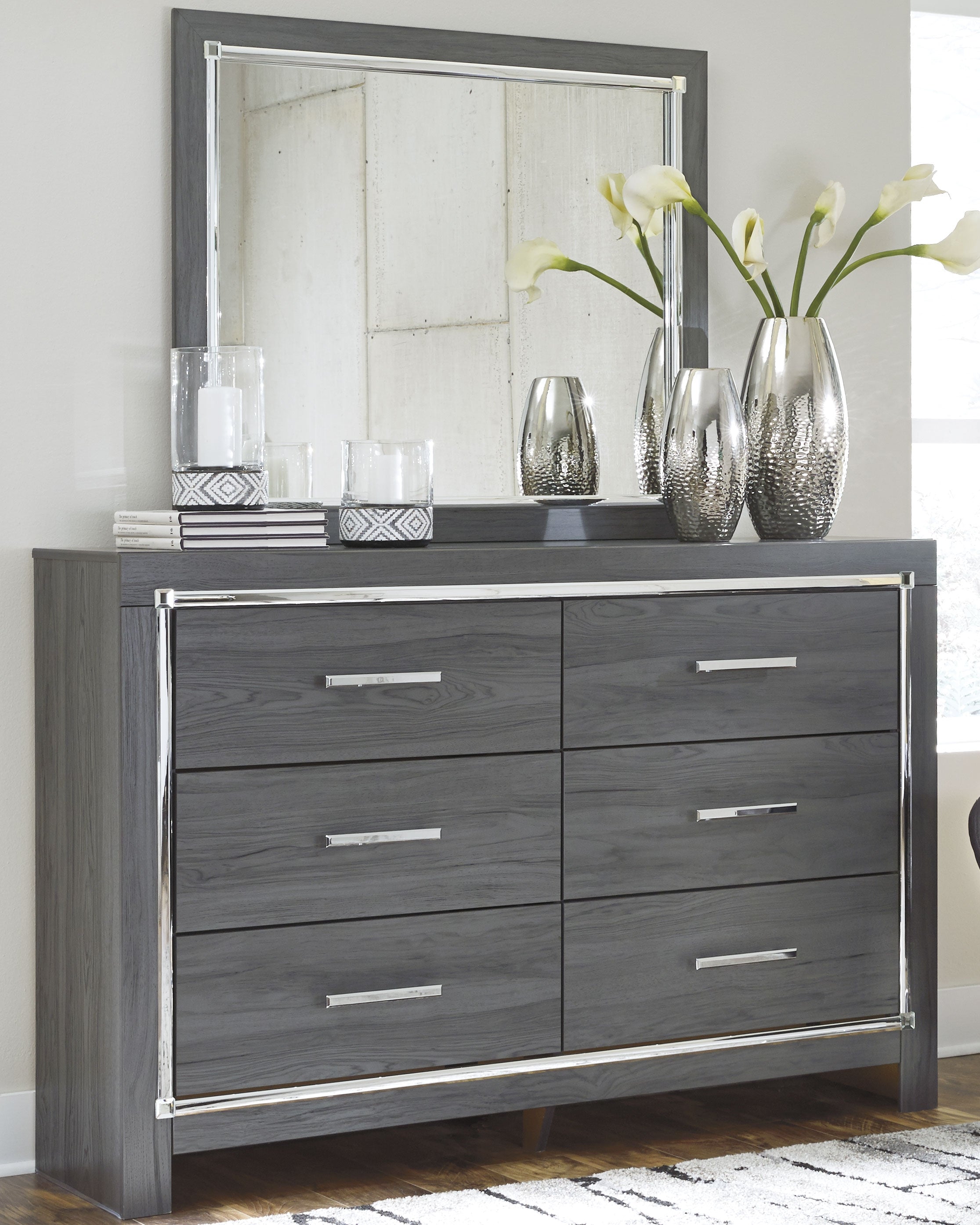 Lodanna Gray Queen Upholstered Panel Bed, Dresser, Mirror and 2 Nightstands - B214B36