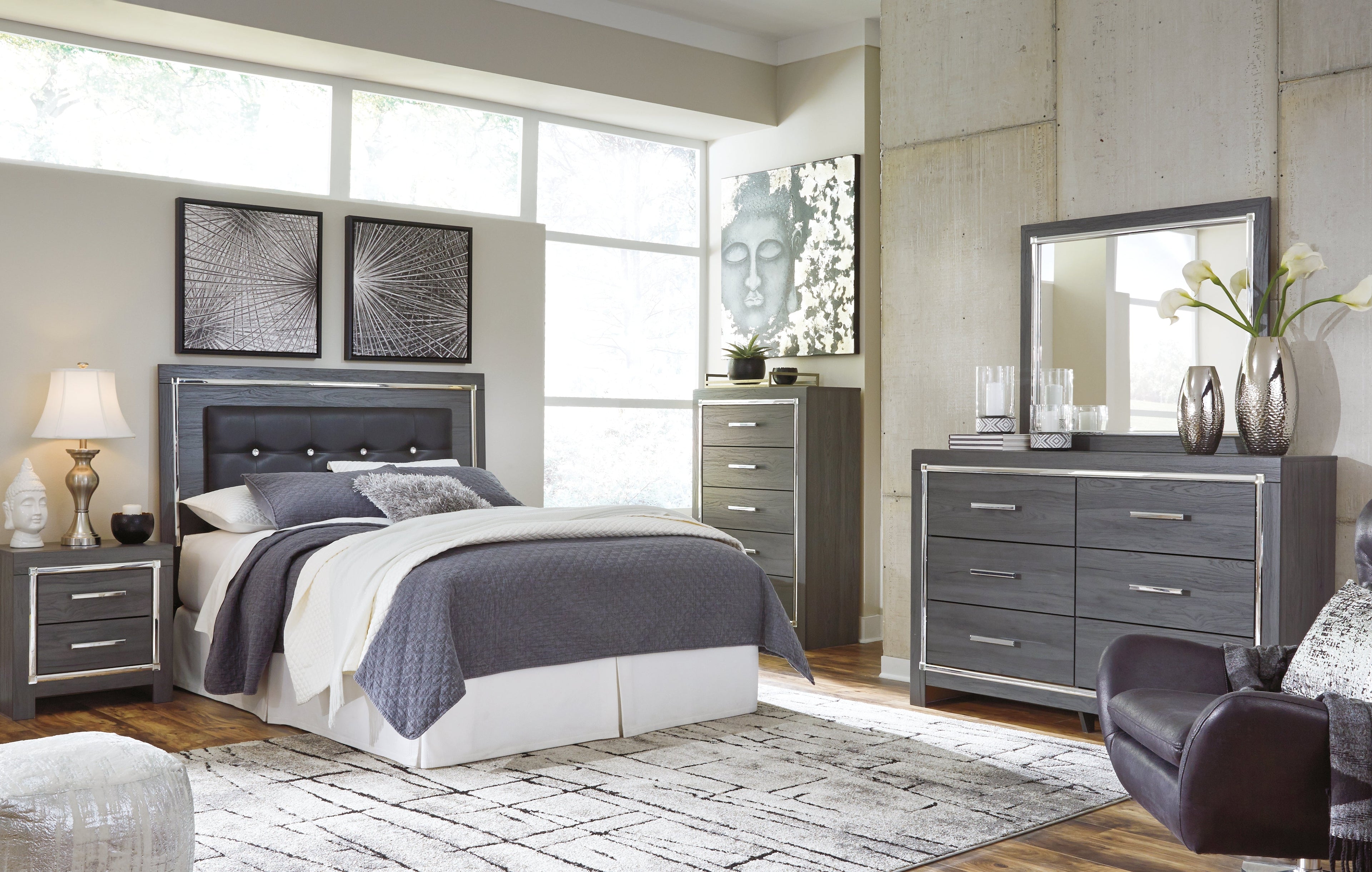 Lodanna Queen/Full Upholstered Panel Headboard Bed with Mirrored Dresser, Chest and 2 Nightstands in Gray from Ashley - Luna Furniture