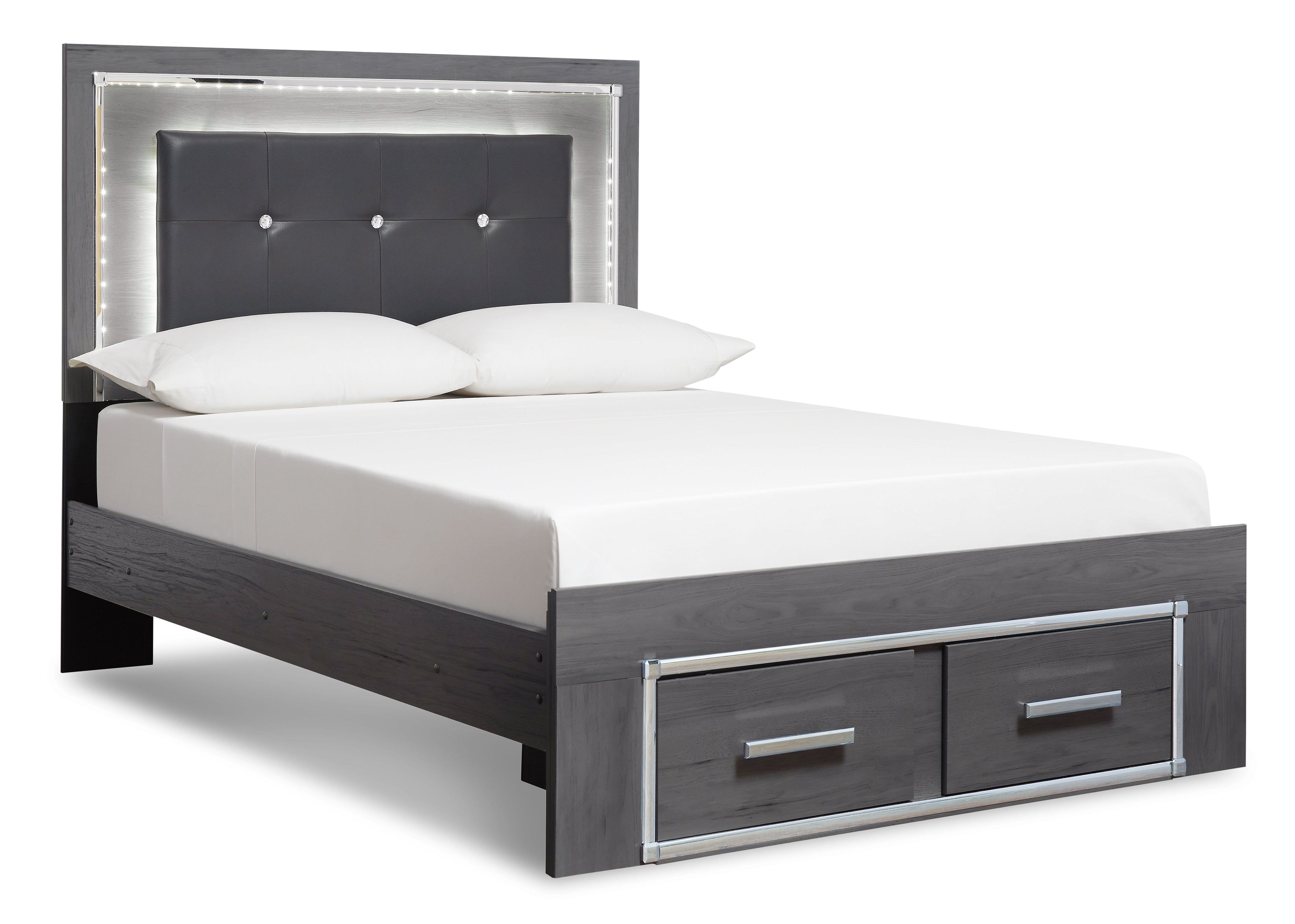 Lodanna Queen Panel Bed with 2 Storage Drawers with Mirrored Dresser and 2 Nightstands in Gray from Ashley - Luna Furniture