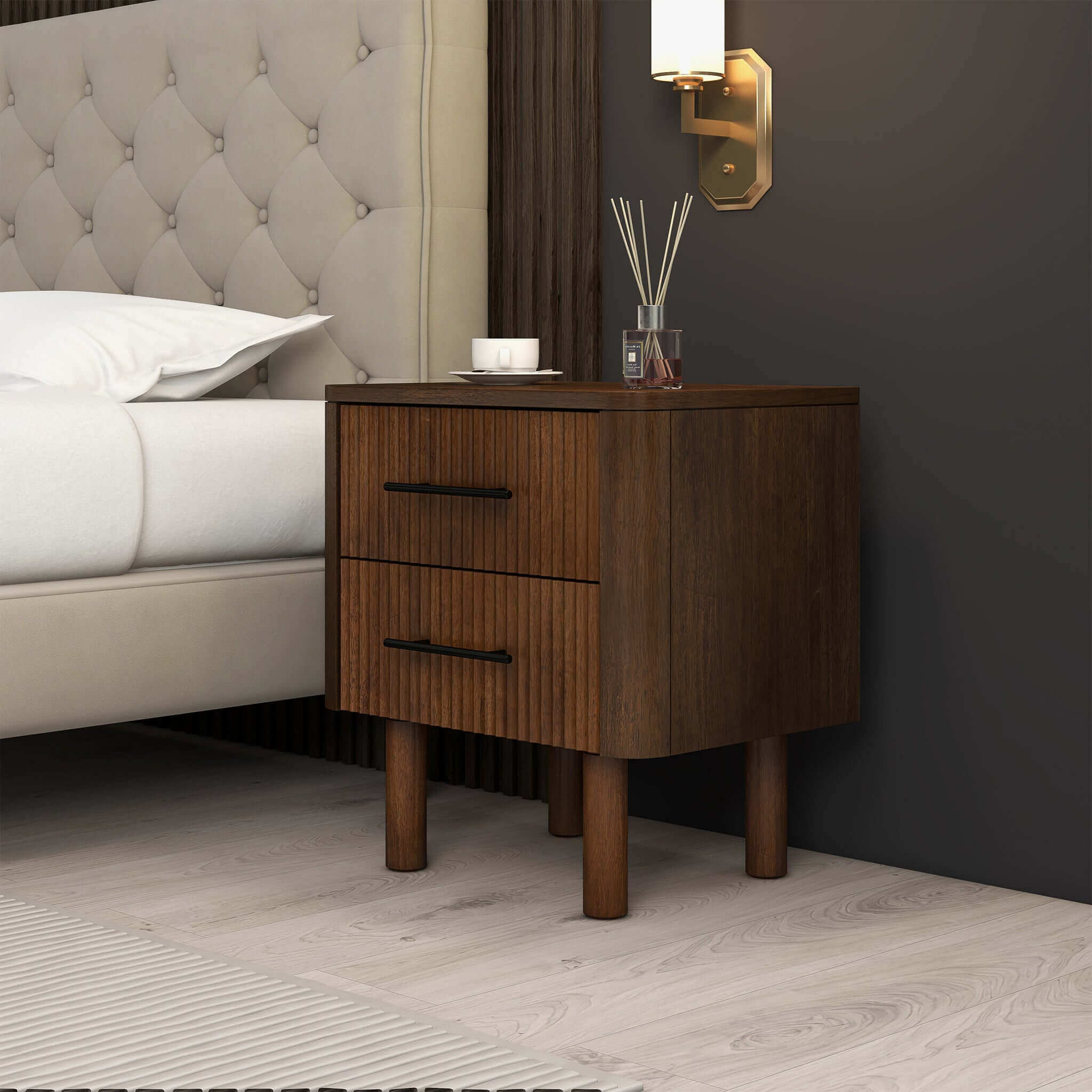 Logan Mid Century Modern Walnut Nightstand Bed Side Tables With 2 Drawers - NST00700501