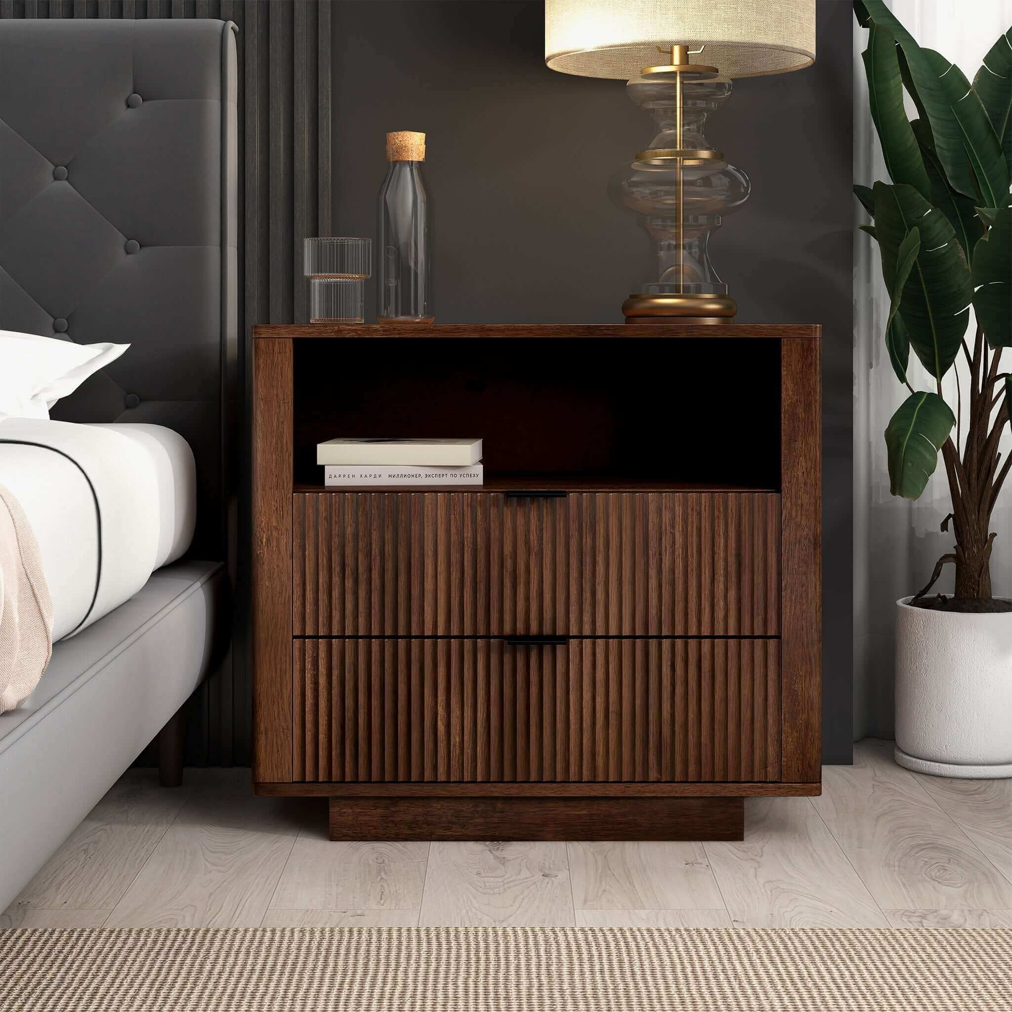 Lola Mid Century Modern Walnut Nightstand 2-Drawer Bed Side Table - NST00700801