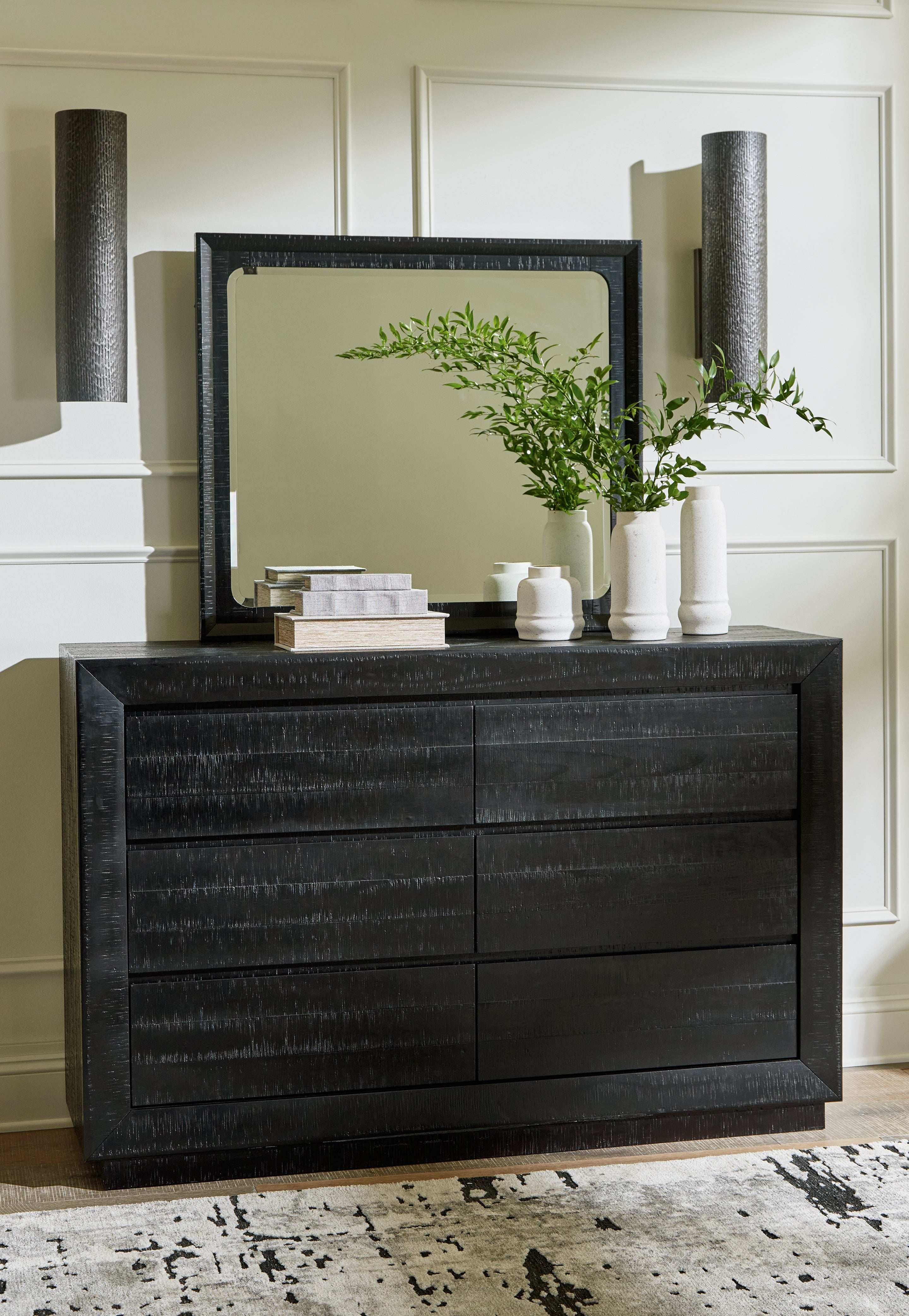 Londer King Panel Bed with Mirrored Dresser in Black from Ashley - Luna Furniture