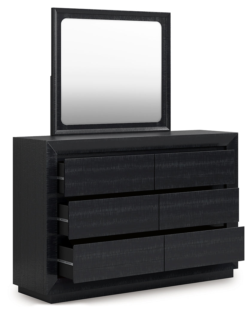 Londer King Panel Bed with Mirrored Dresser in Black from Ashley - Luna Furniture