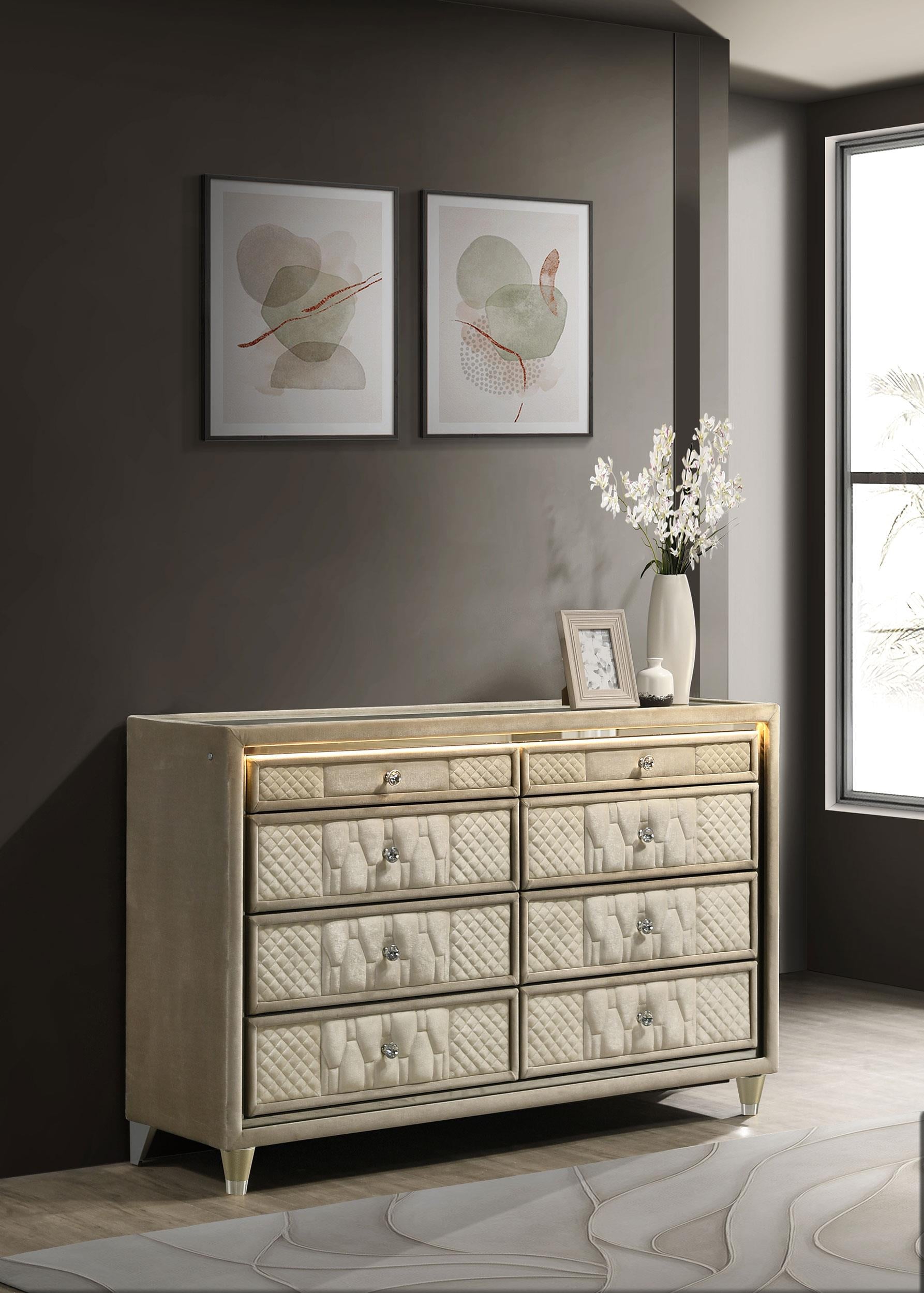 Lorient 8-drawer LED Bedroom Dresser Cabinet Ivory and Camel - 222663