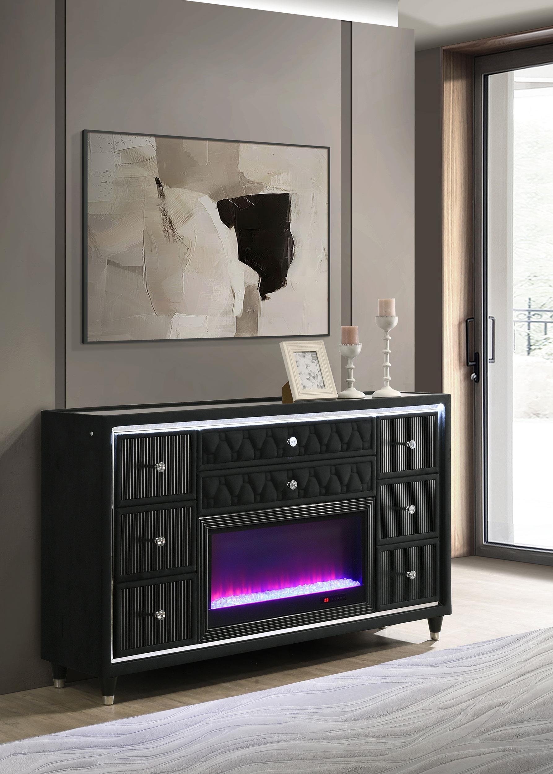 Lorient 8-drawer LED Bedroom Flame Box Dresser Black - 223163FB