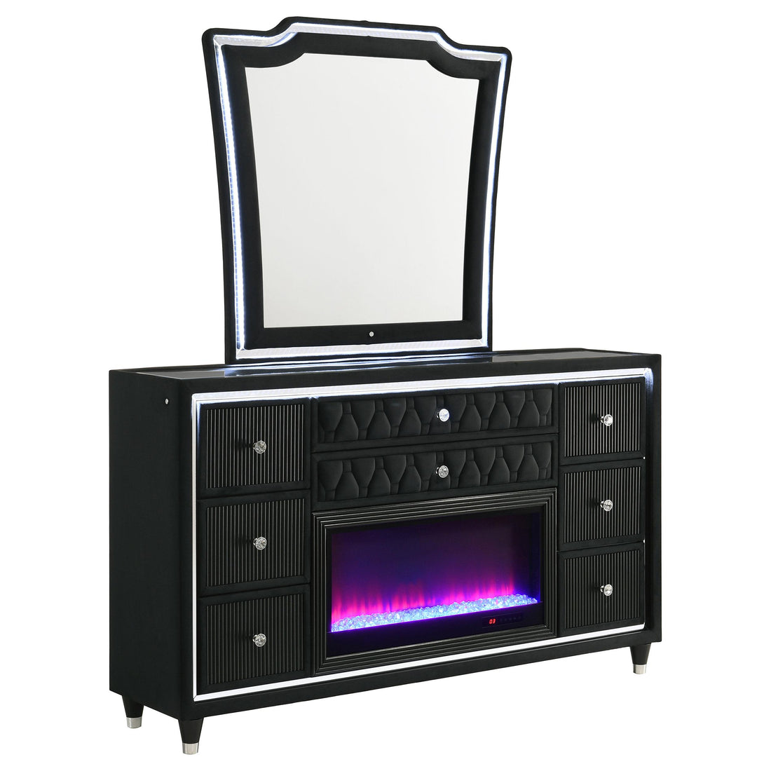 Lorient 8-drawer LED Flame Box Dresser and Mirror Black - 223163FBM