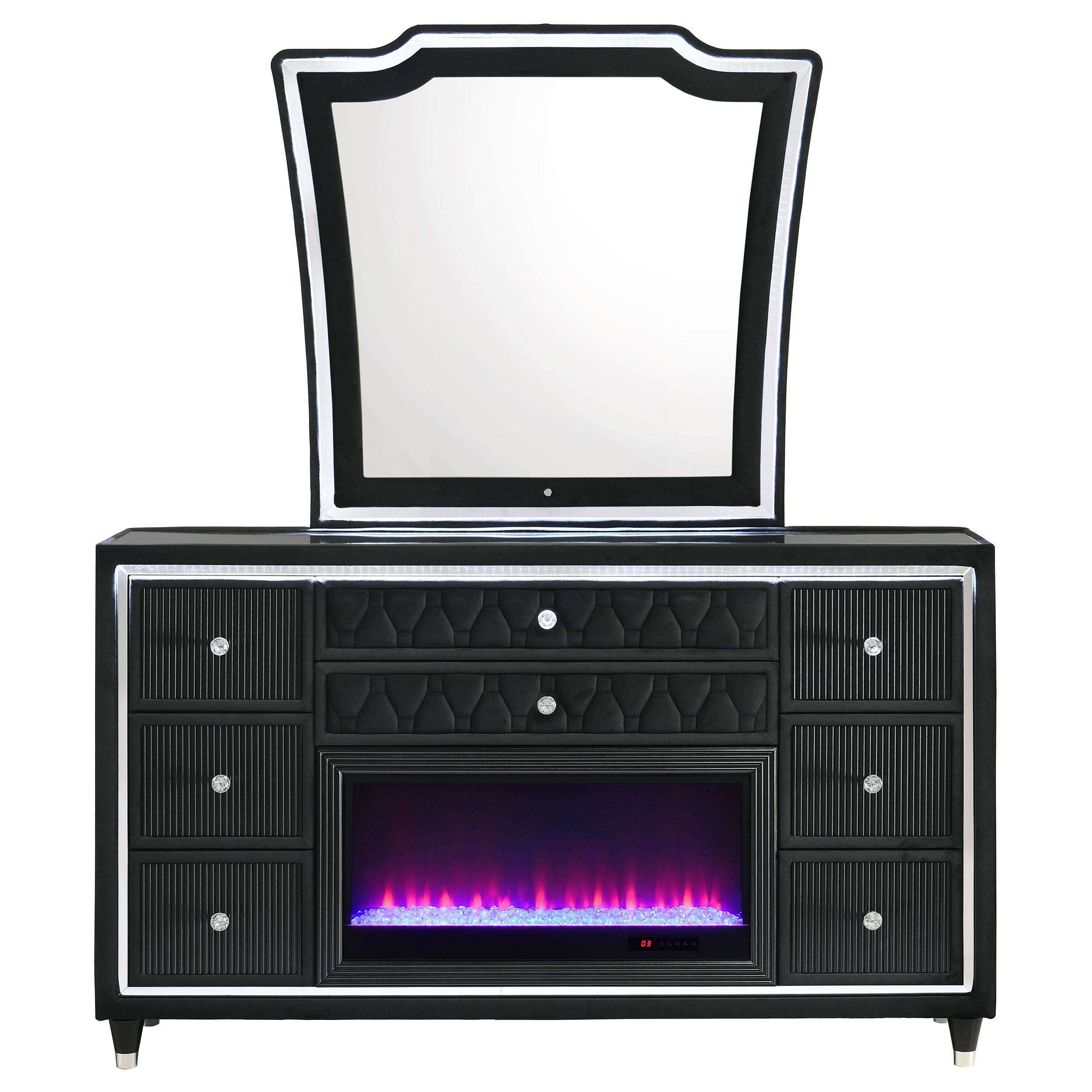 Lorient 8-drawer LED Flame Box Dresser and Mirror Black - 223163FBM