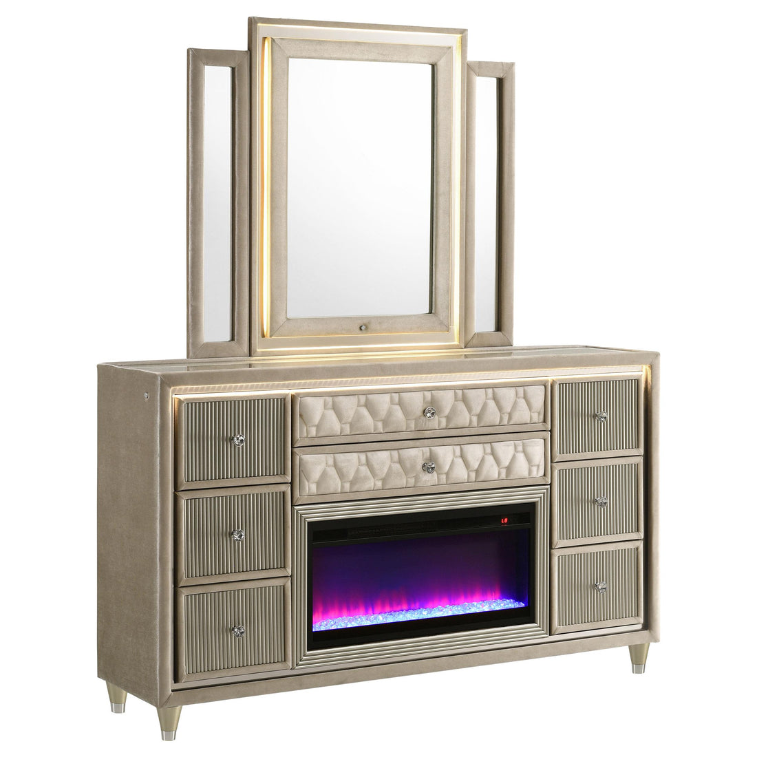 Lorient 8-drawer LED Flame Box Dresser and Mirror Ivory Camel - 222663FBM