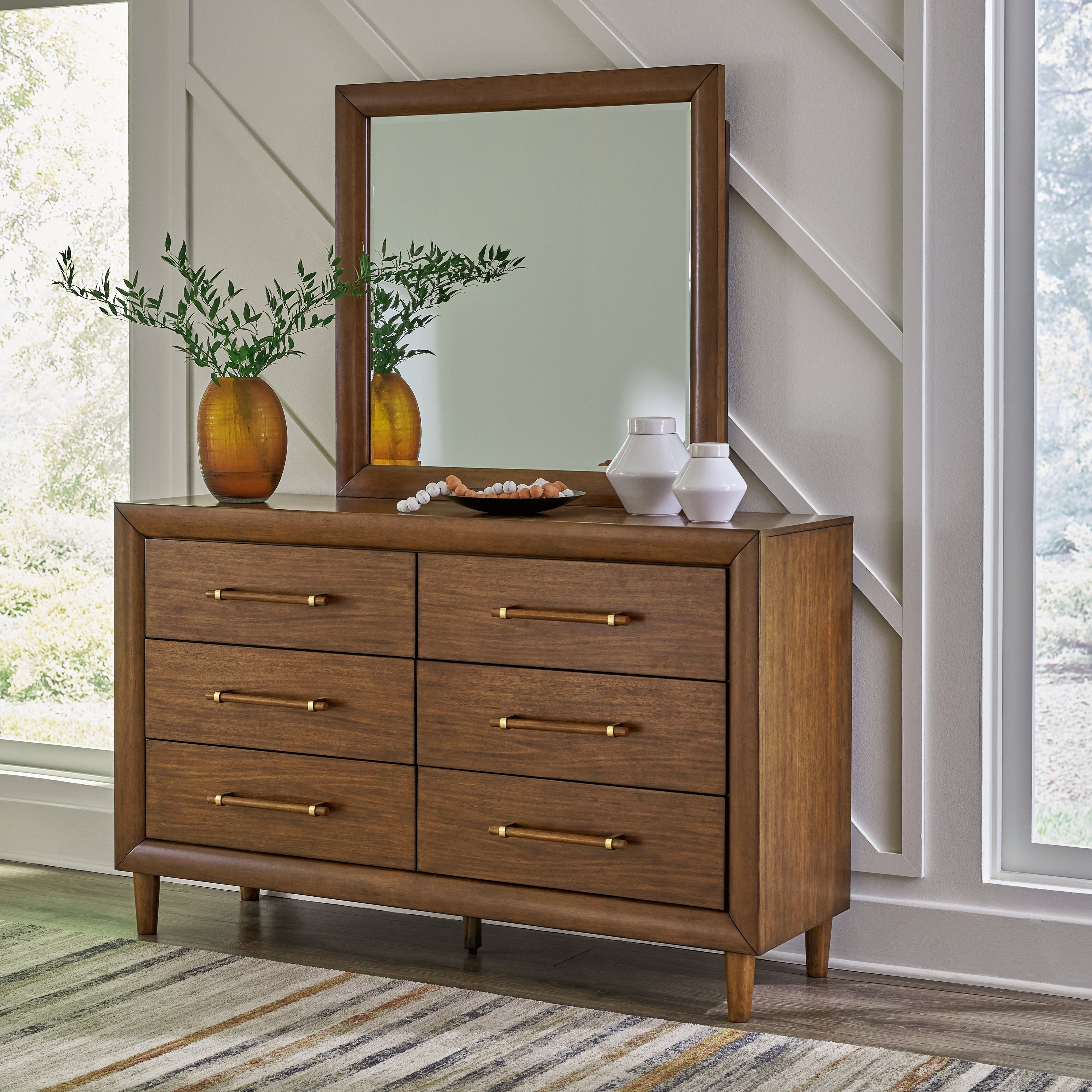 Lyncott King Upholstered Bed with Mirrored Dresser and 2 Nightstands in Brown from Ashley - Luna Furniture