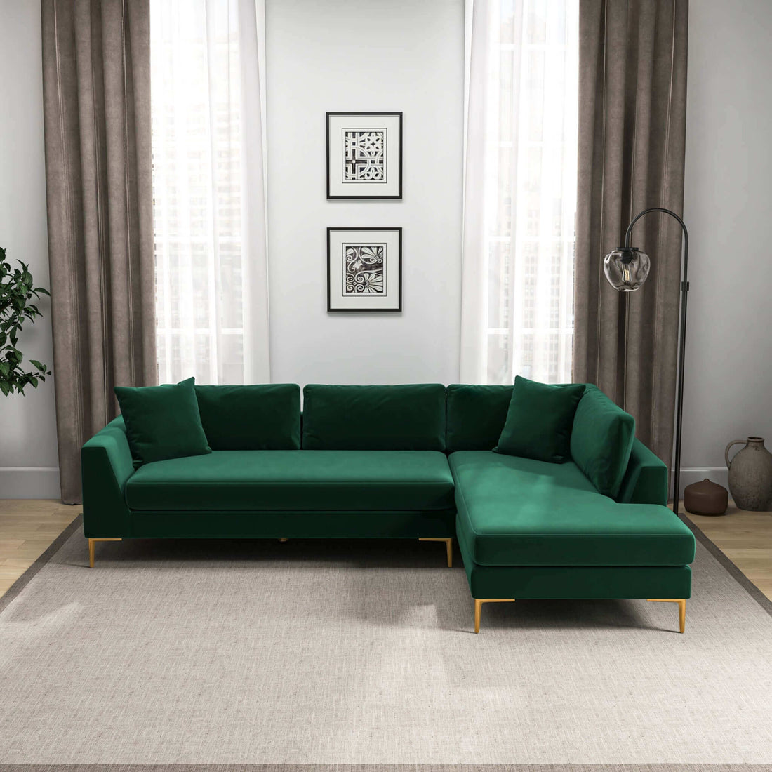 Mano L-Shaped Velvet Sectional Sofa In Green Right Facing - SEC02101602