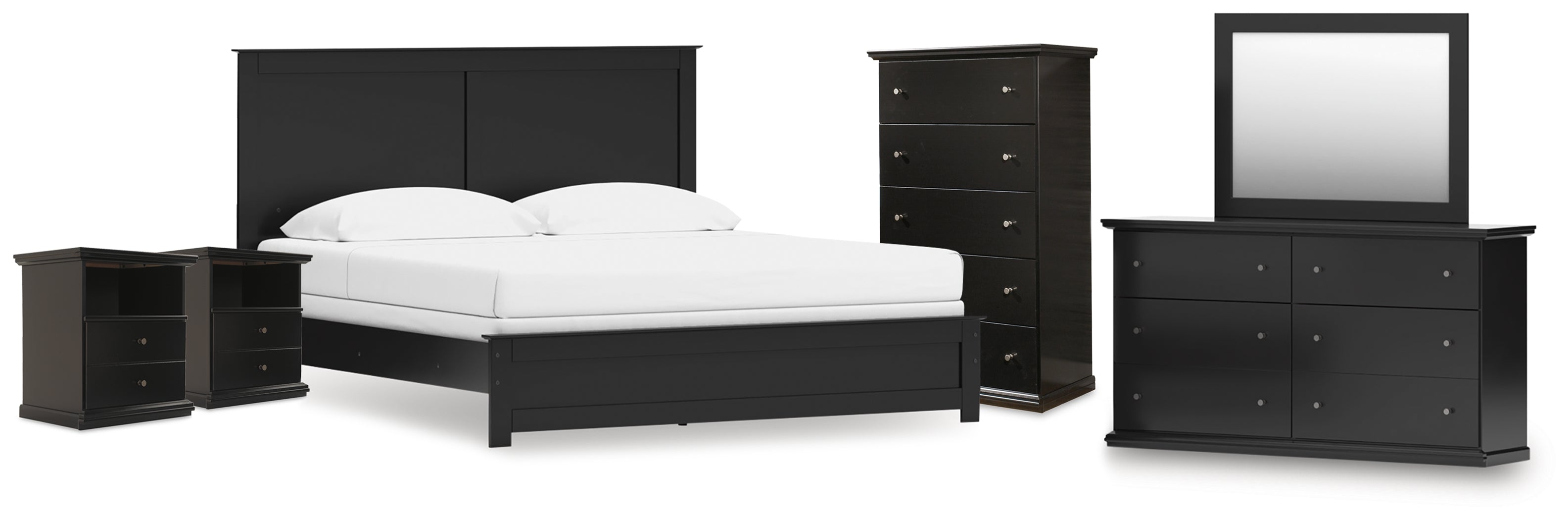 Maribel King Panel Bed, Dresser, Mirror, Chest, and 2 Nightstands - B138B63
