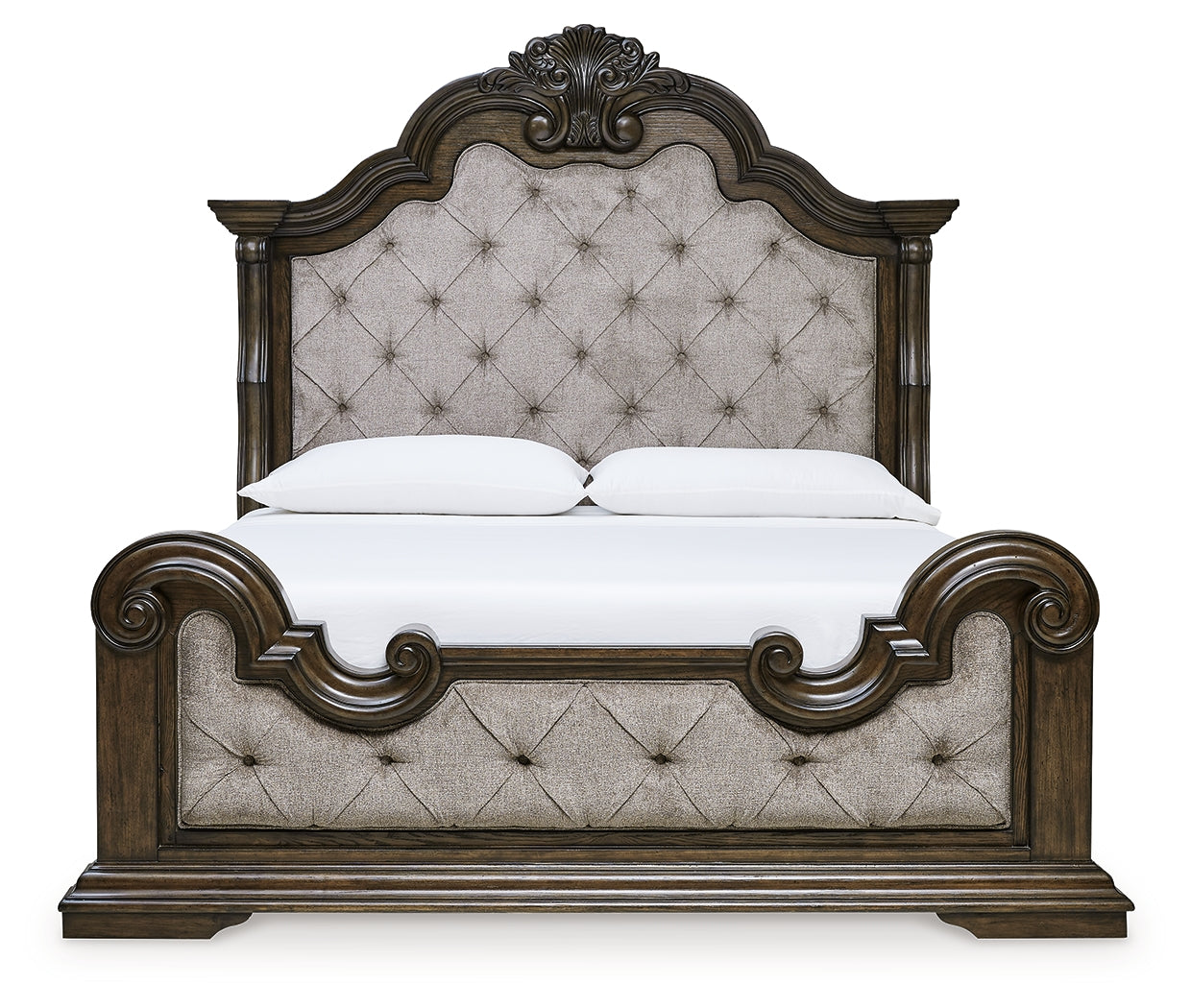 Maylee California King Upholstered Bed with Mirrored Dresser and Nightstand in Dark Brown - PKG017057