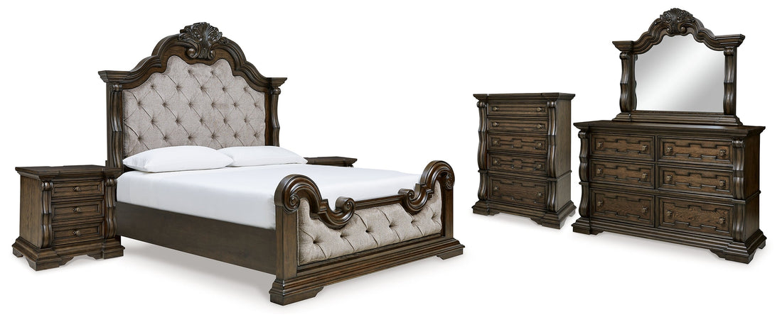 Maylee King Upholstered Bed with Mirrored Dresser, Chest and 2 Nightstands in Dark Brown from Ashley - Luna Furniture