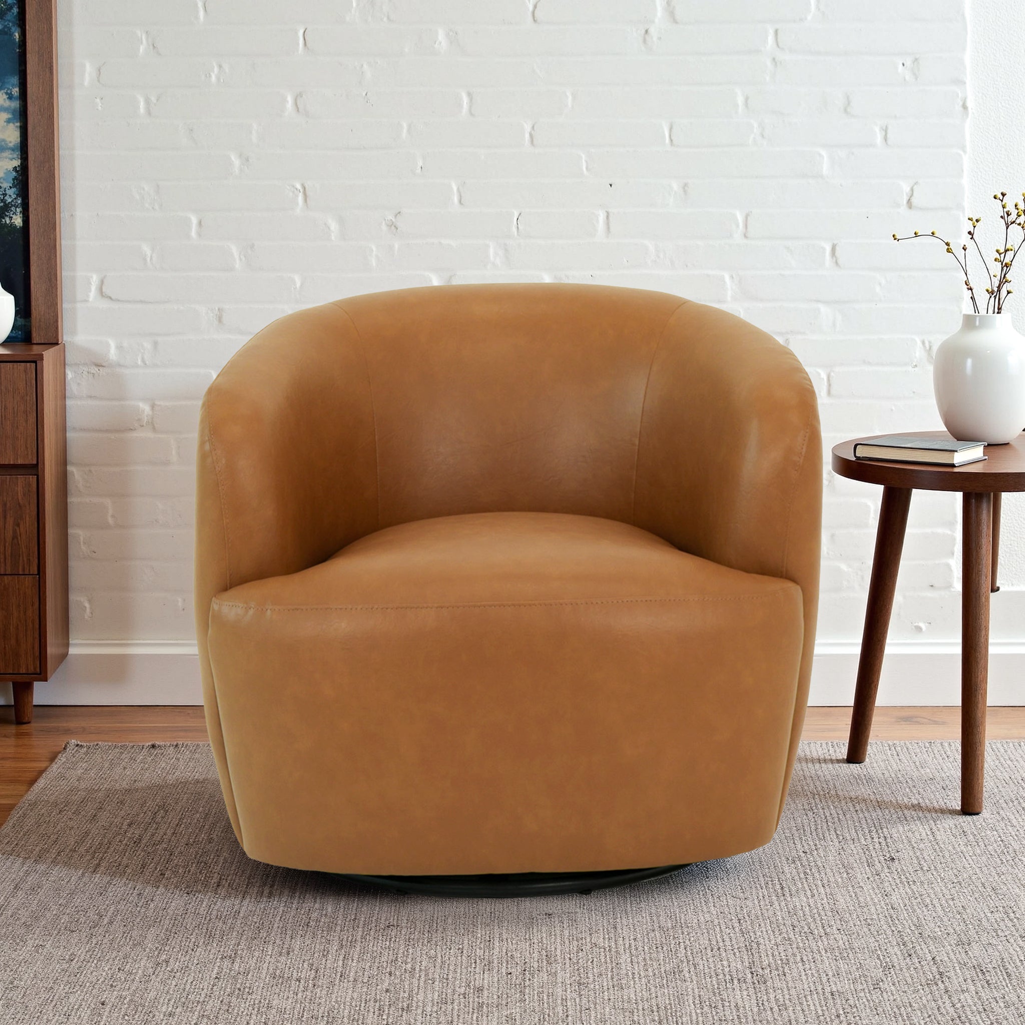 Mina 32" W Tan Vegan Leather Upholstered Swivel Barrel Chair - SCH00500711