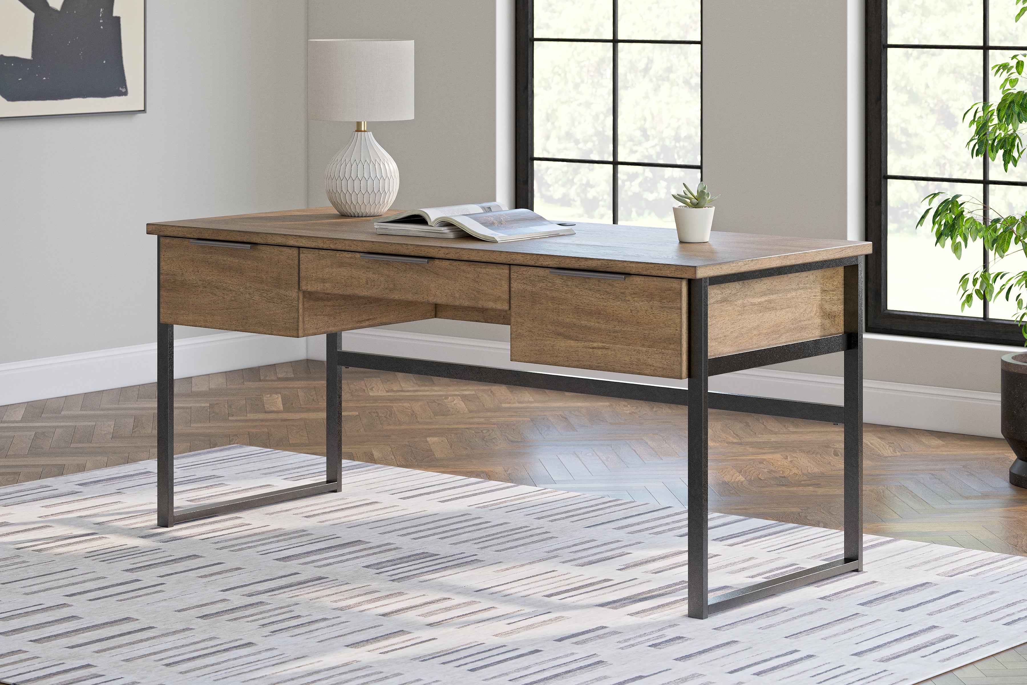 Montia Home Office Desk with Chair and Storage in Light Brown - PKG018523