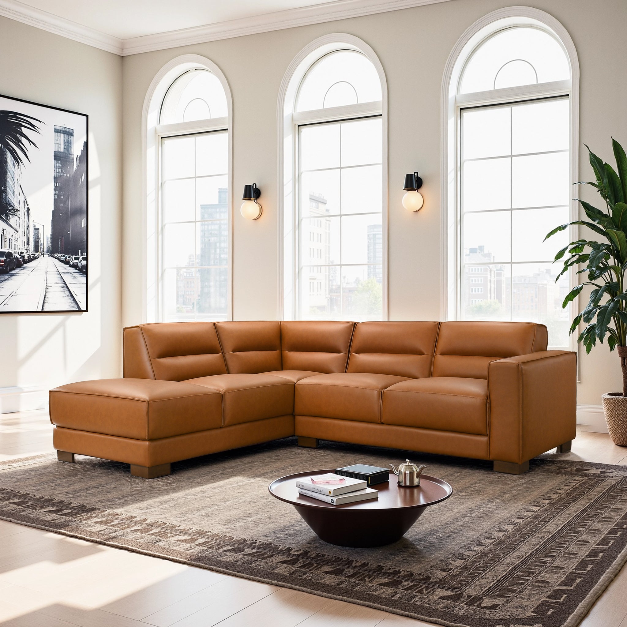 Muncie L-Shaped Sofa with Plush Cushions & Walnut Wood Legs - SEC00403601