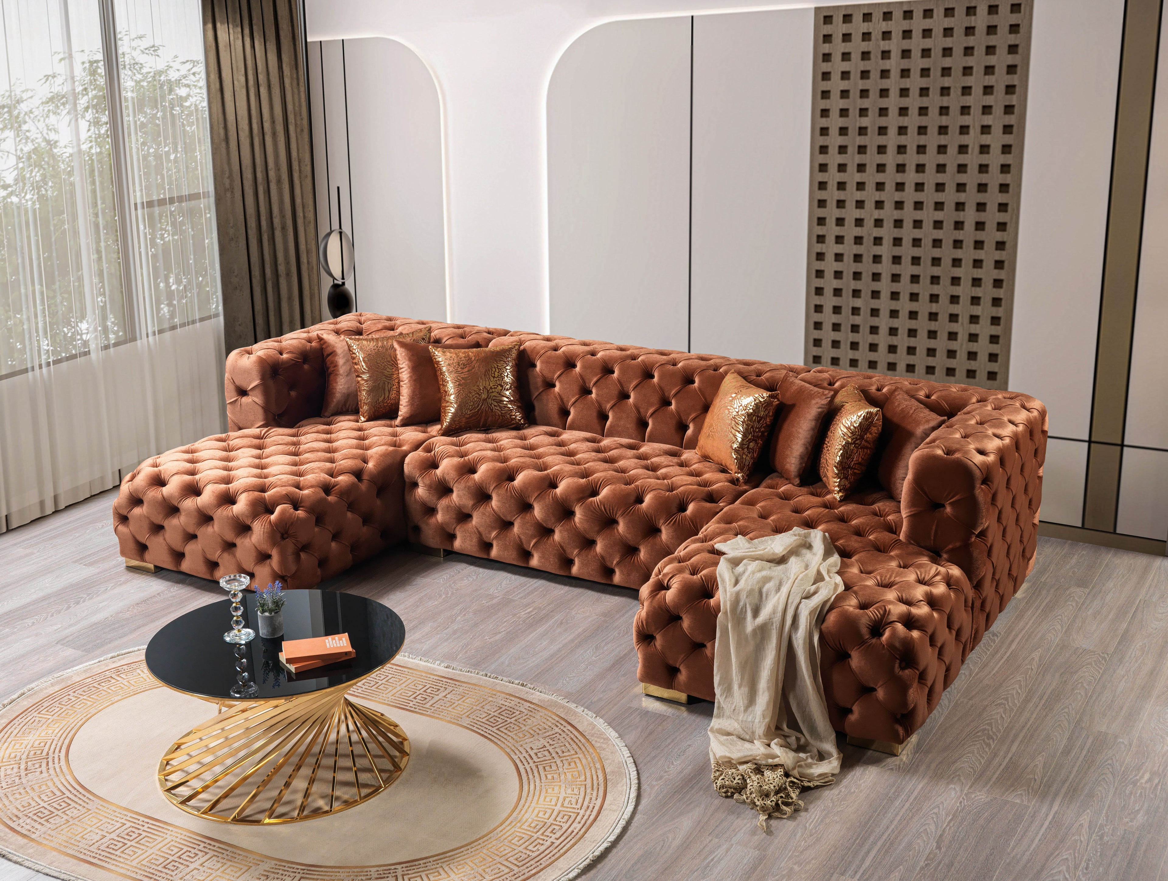 Neva Orange Velvet Double Chaise 138" Sectional - NEVAORANGE-SEC