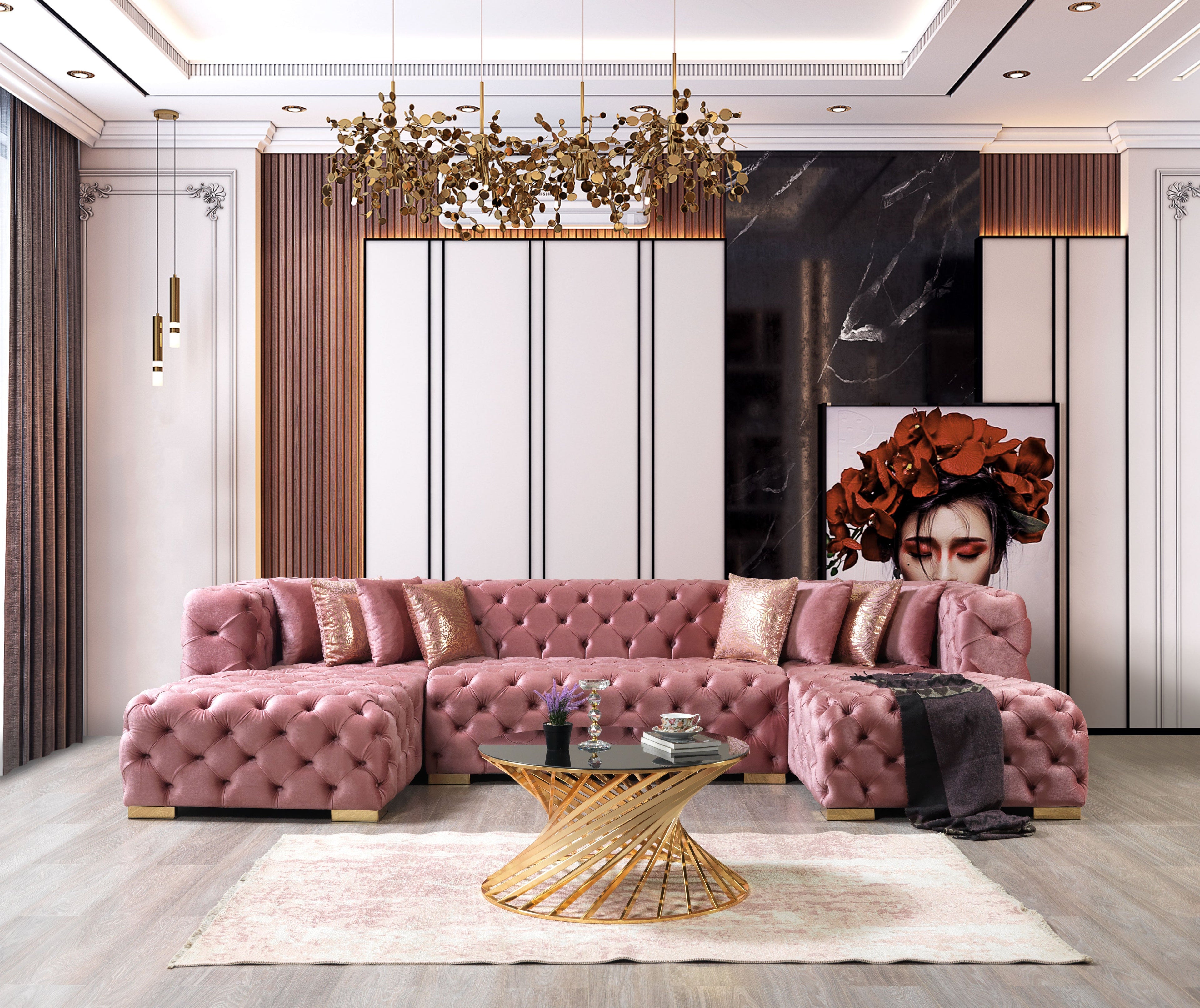 Neva Pink Velvet Double Chaise 138" Sectional - NEVAPINK-SEC