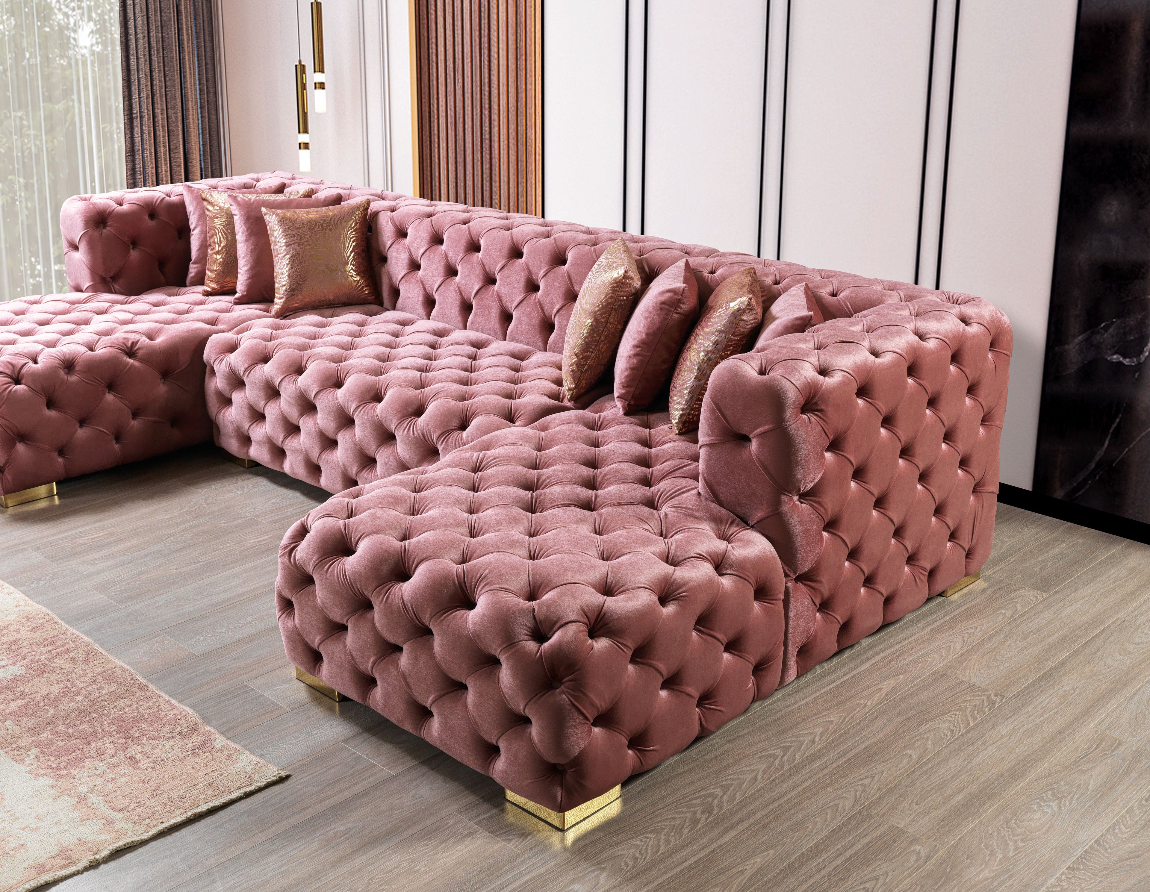 Neva Pink Velvet Double Chaise 138" Sectional - NEVAPINK-SEC