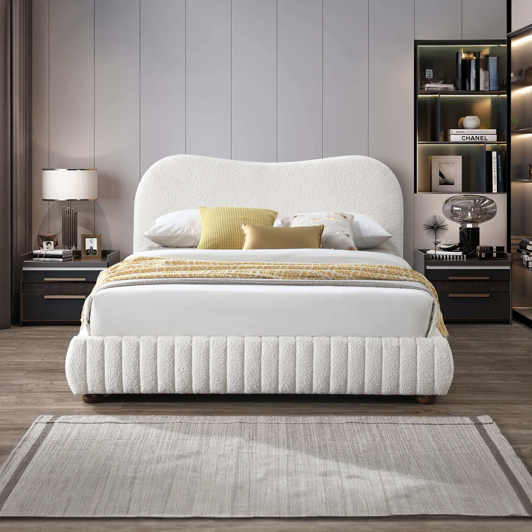 Norme Boucle Upholstered Low Profile Queen Size Platform Bed In Cream - BED00500801