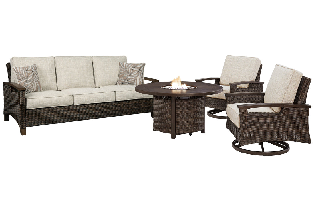 Paradise Trail Outdoor Sofa and 2 Lounge Chairs with Fire Pit Table in Medium Brown - PKG012911