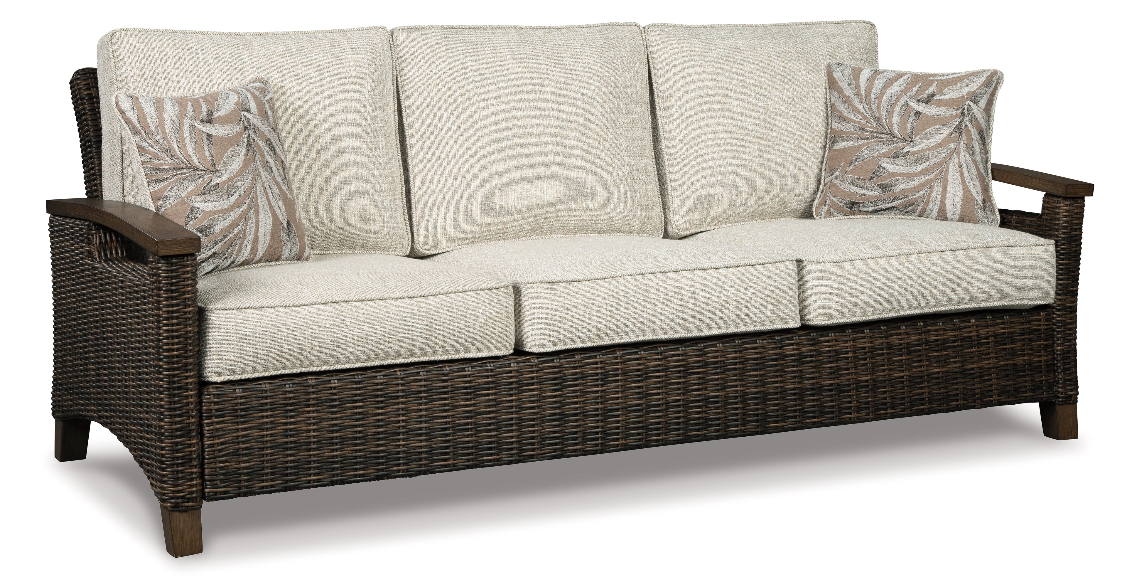 Paradise Trail Outdoor Sofa and Loveseat with Fire Pit Table in Medium Brown - PKG014561