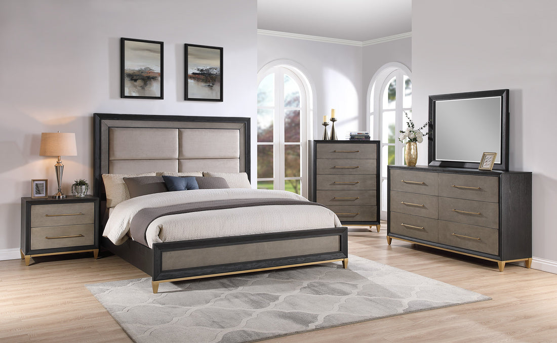 Payson Black/Brown Upholstered Panel Bedroom Set - SET | B1200-Q-HB | B1200-Q-FB | B1200-KQ-RAIL | B1200-2 | B1200-4