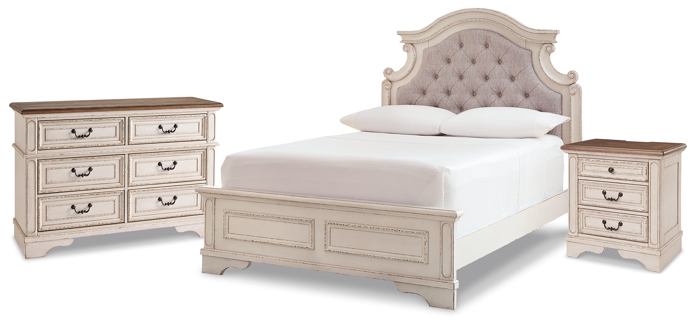 Realyn Chipped White Full Panel Bed, Dresser and Nightstand - B743B26