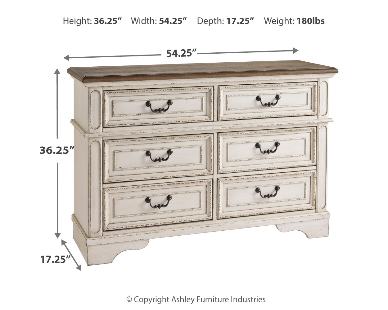 Realyn Chipped White Full Panel Bed, Dresser and Nightstand - B743B26