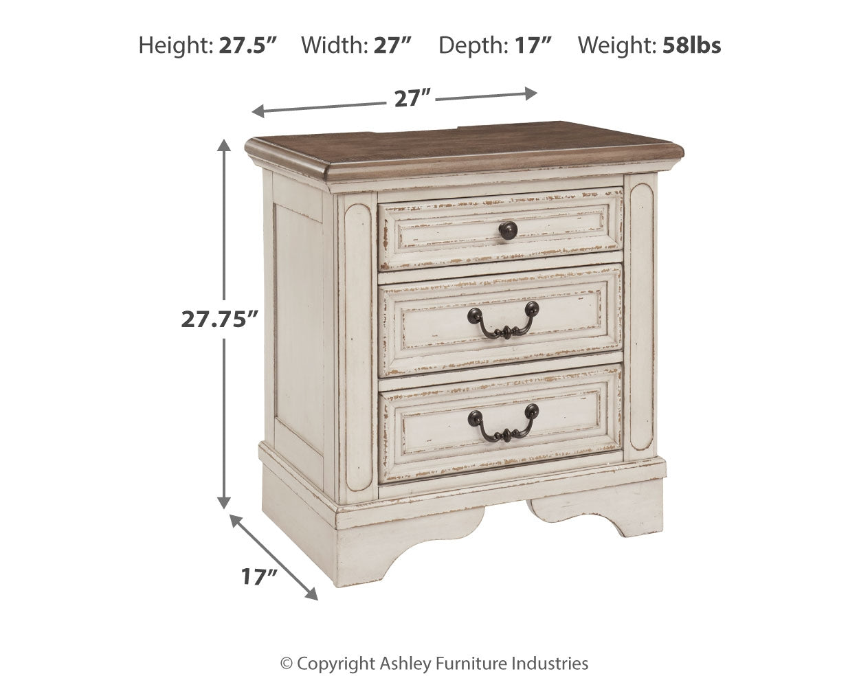 Realyn Chipped White Full Panel Bed, Dresser and Nightstand - B743B26