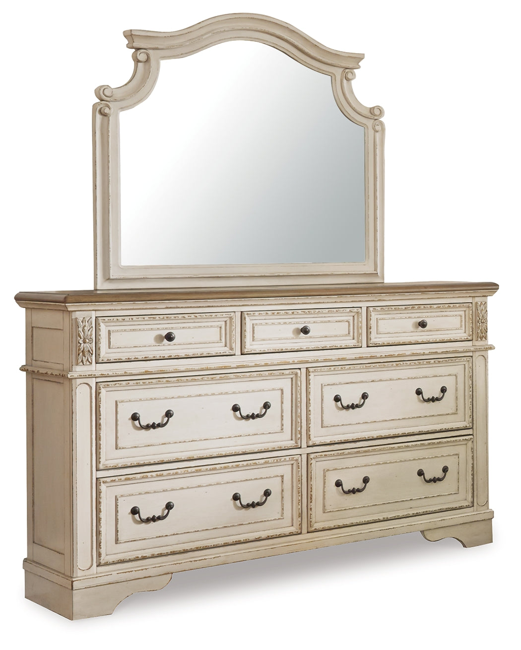 Realyn Chipped White King Panel Upholstered Bed, Dresser, Mirror and Chest - B743B68