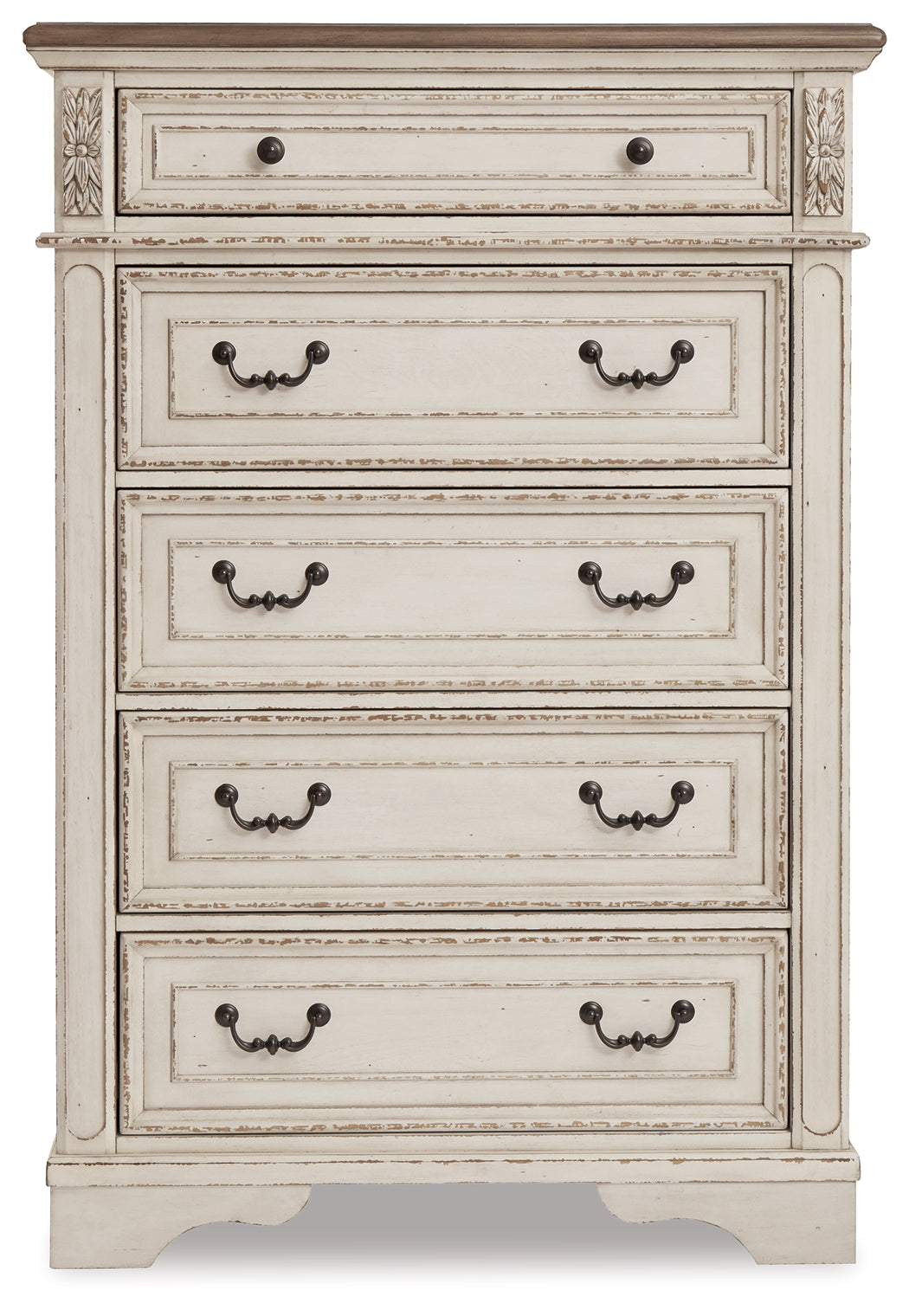Realyn Chipped White King Panel Upholstered Bed, Dresser, Mirror and Chest - B743B68