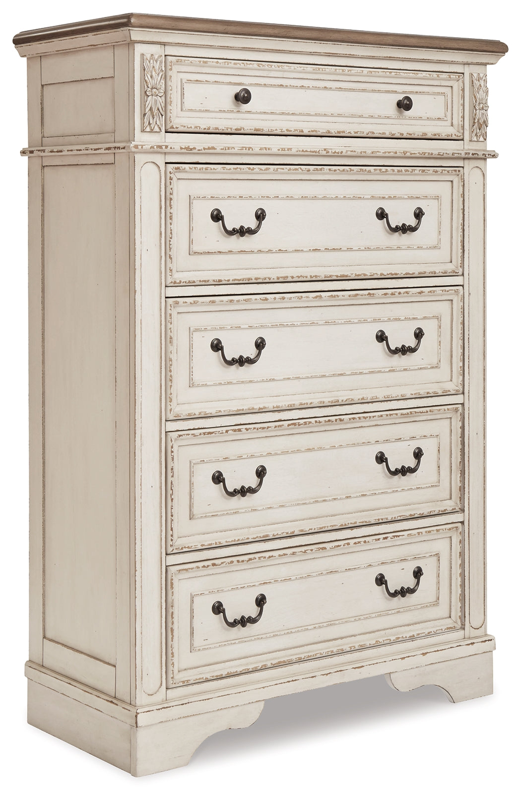 Realyn Chipped White King Panel Upholstered Bed, Dresser, Mirror and Chest - B743B68