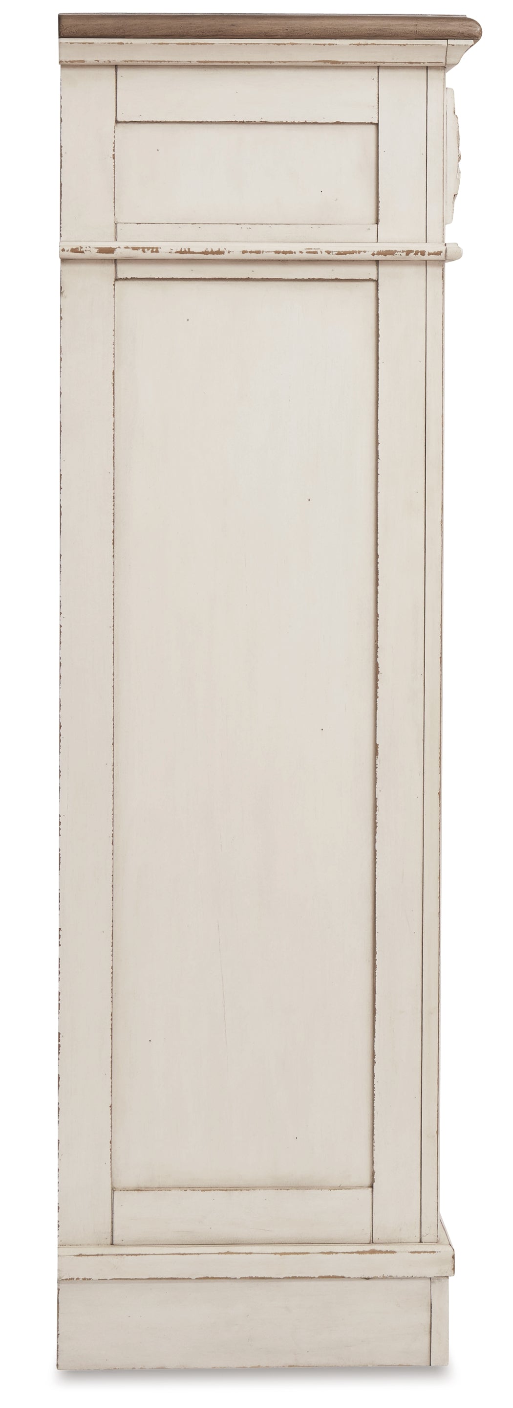 Realyn Chipped White King Panel Upholstered Bed, Dresser, Mirror and Chest - B743B68