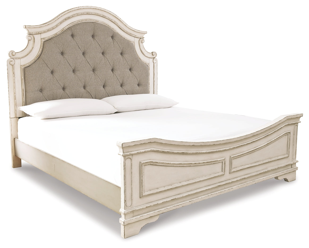 Realyn Chipped White King Panel Upholstered Bed, Dresser, Mirror and Chest - B743B68