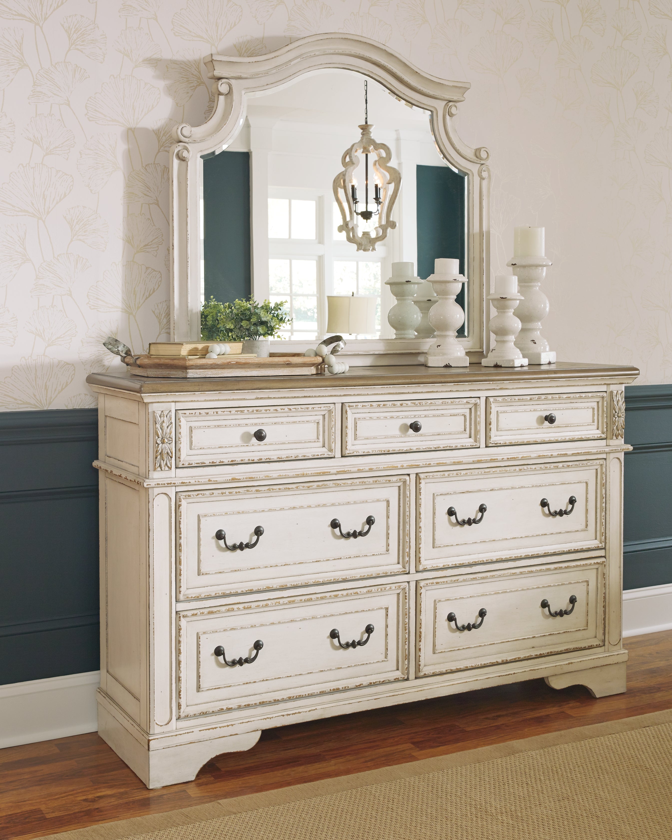 Realyn Chipped White King Panel Upholstered Bed, Dresser, Mirror and Chest - B743B68