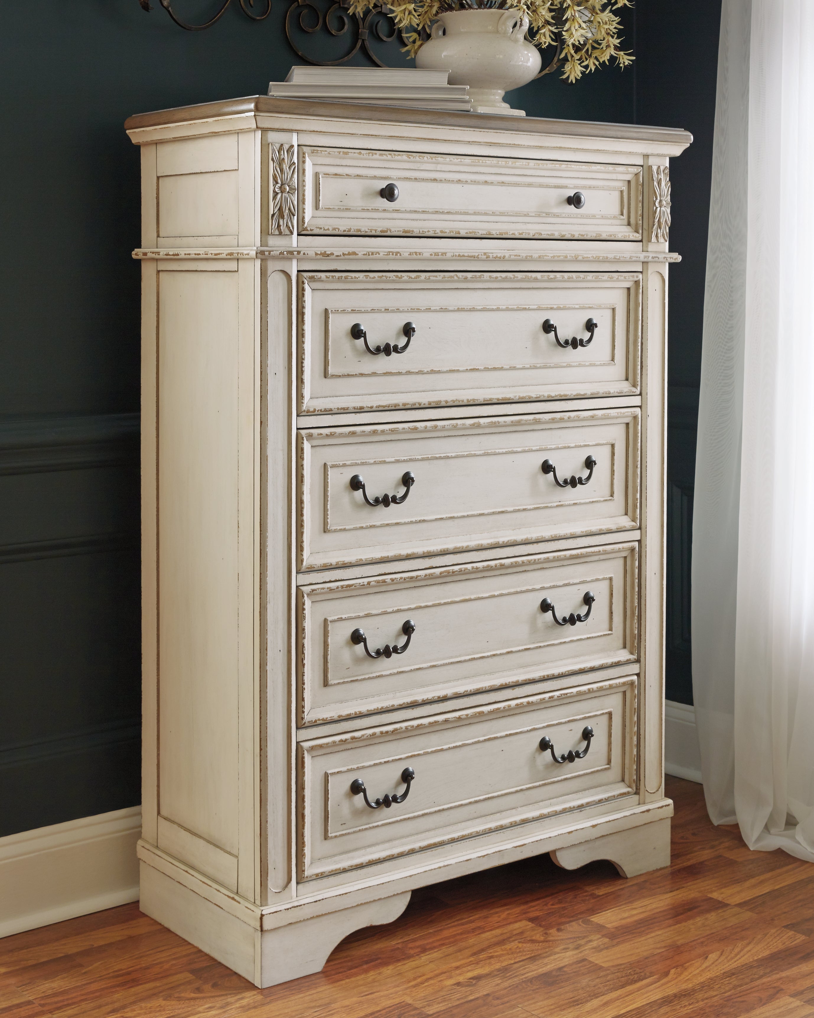 Realyn Chipped White King Panel Upholstered Bed, Dresser, Mirror and Chest - B743B68