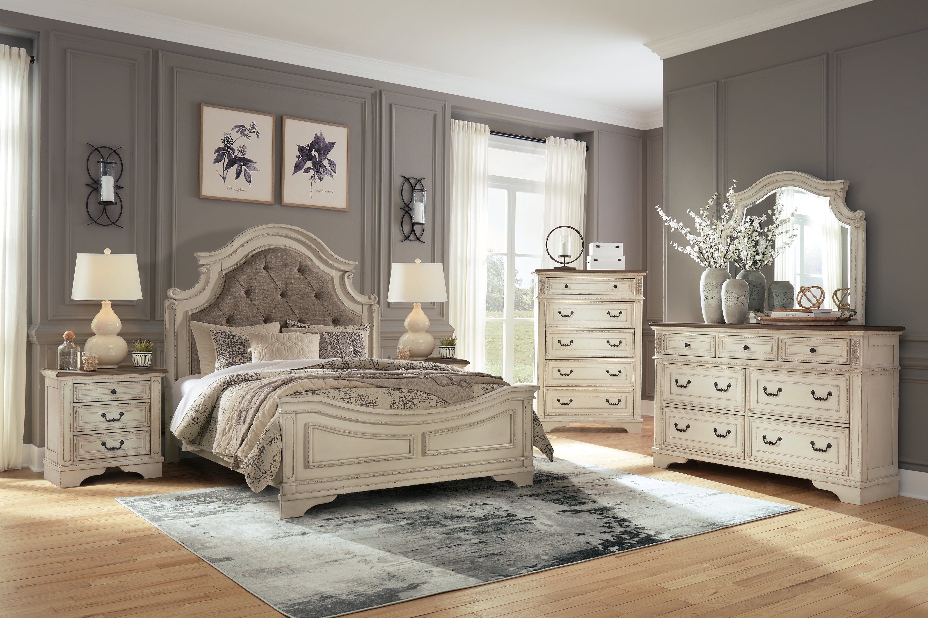 Realyn Two-tone Queen Upholstered Panel Bed, Dresser, Mirror, Chest and 2 Nightstands - B743B61