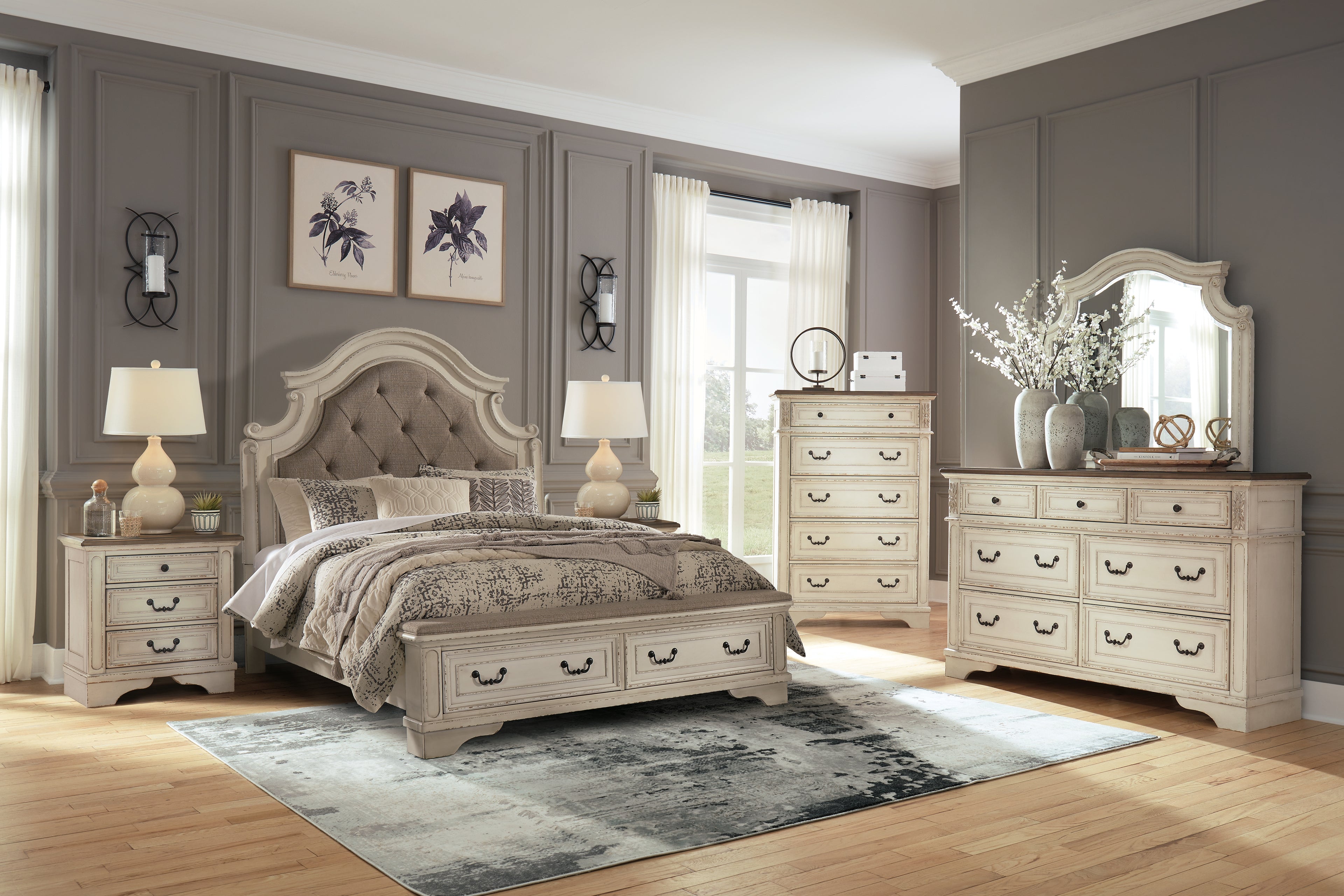 Realyn Two-tone Queen Upholstered Panel Bed with Storage, Dresser and Nightstand - B743B57