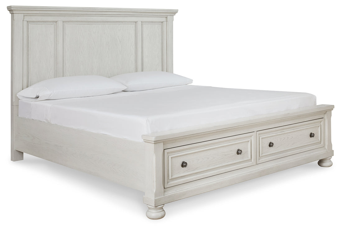 Robbinsdale Antique White King Storage Bed and 2 Nightstands - B742B37