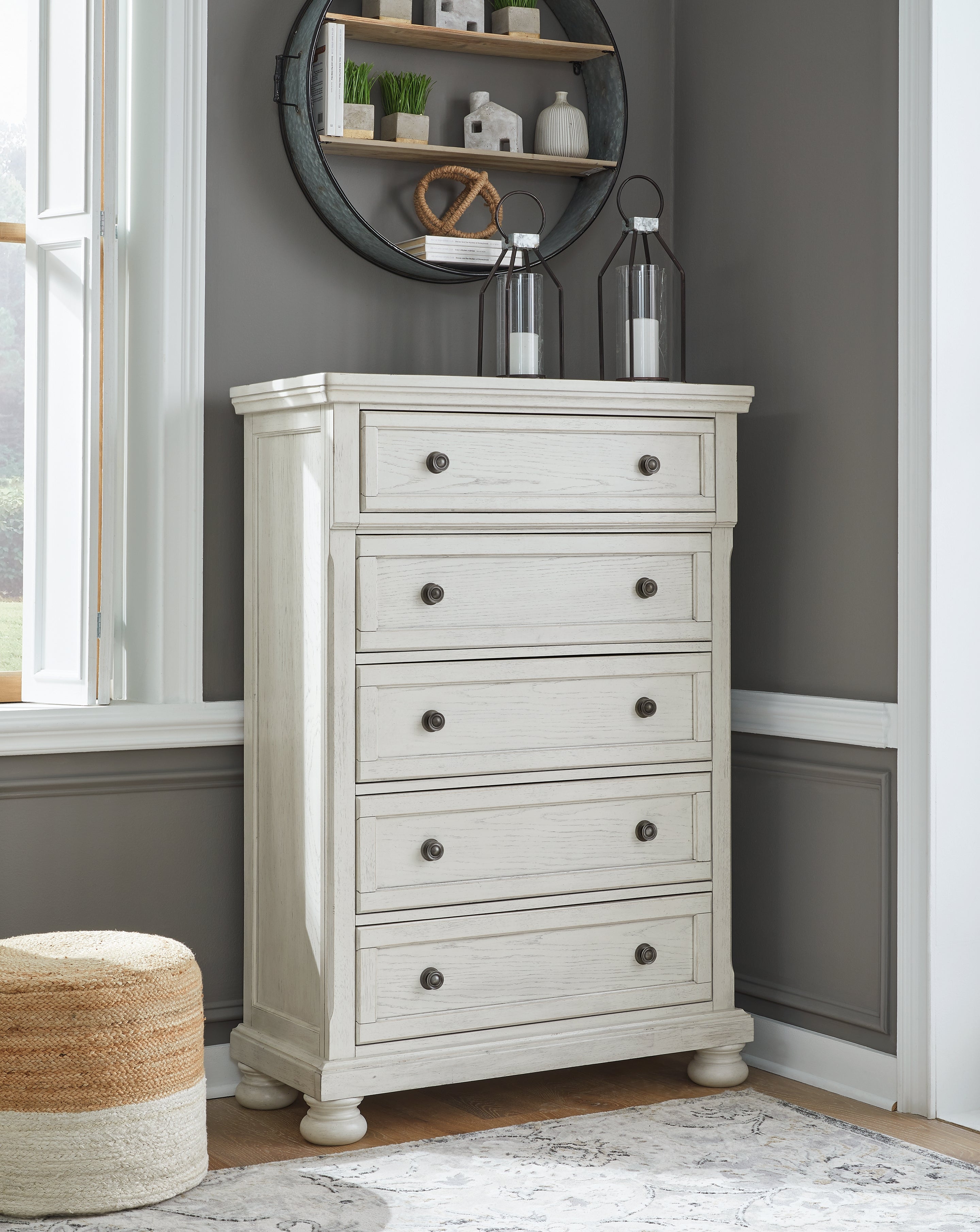 Robbinsdale Antique White Queen Panel Bed, Dresser, Chest and 2 Nightstands - B742B35