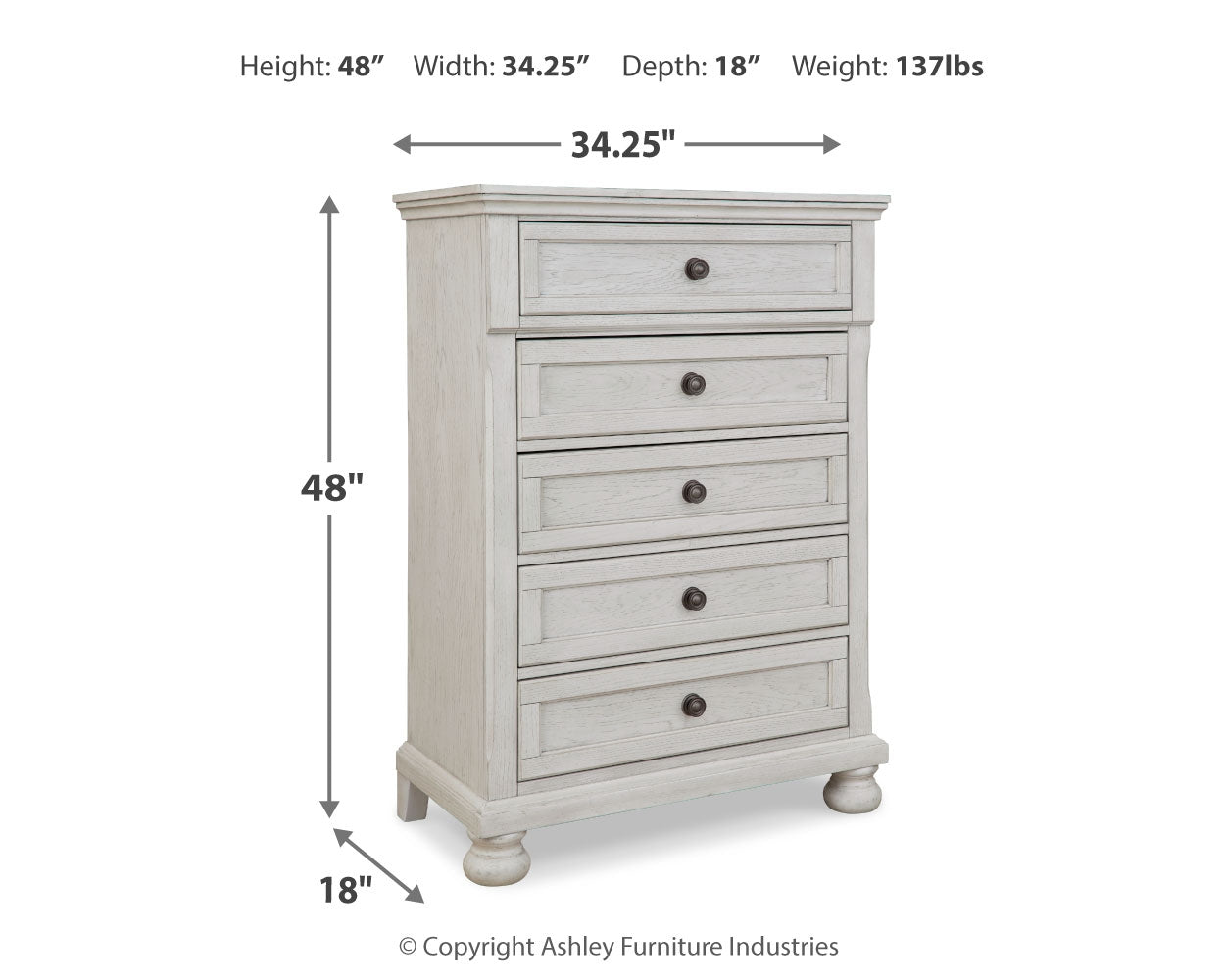Robbinsdale Antique White Twin over Full Bunk Bed, Dresser and Chest - B742B32