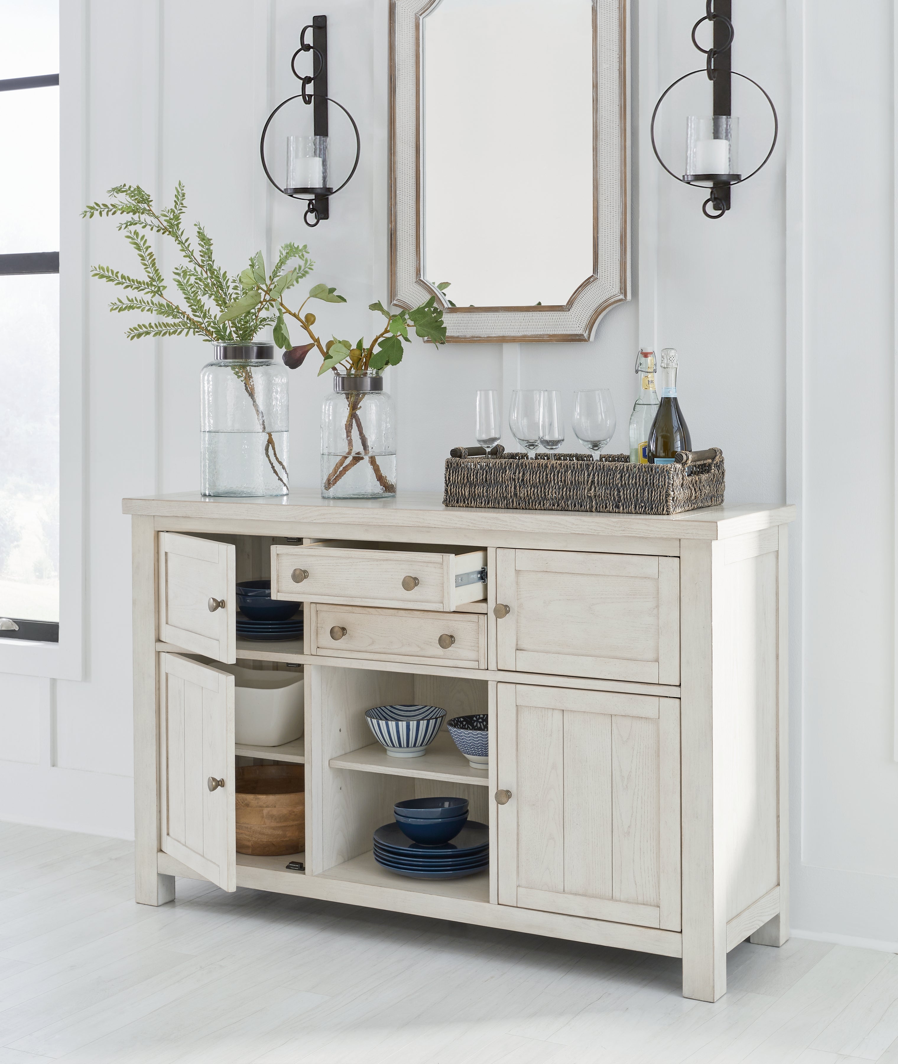 Robbinsdale Counter Height Dining Table, 2 Barstools, Bench and Server - D642D8